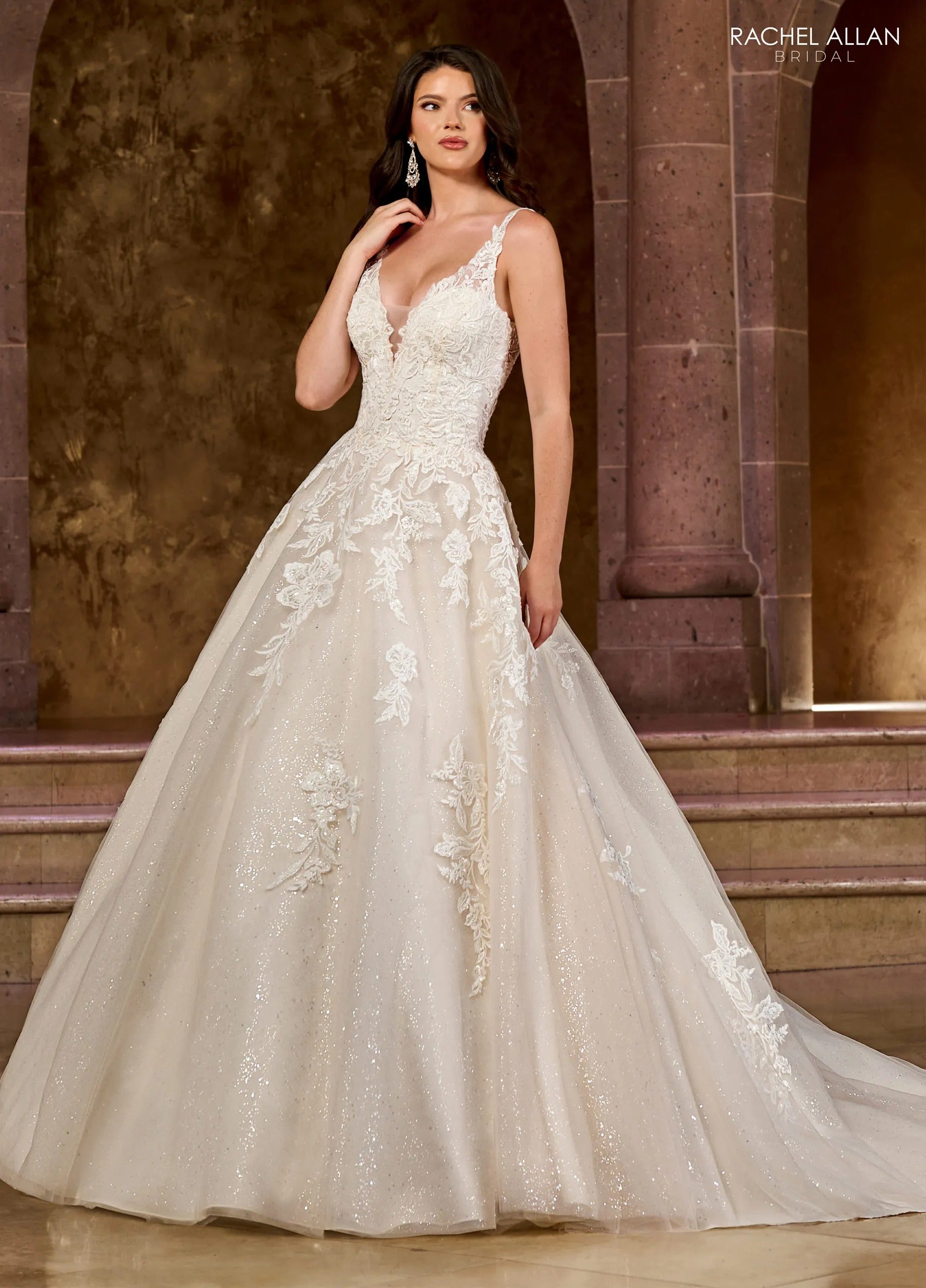 Ivory Champagne V-Neck Floor-Length Tulle Wedding Ball Gown with Lace Appliqué Rachel Allan RB5037