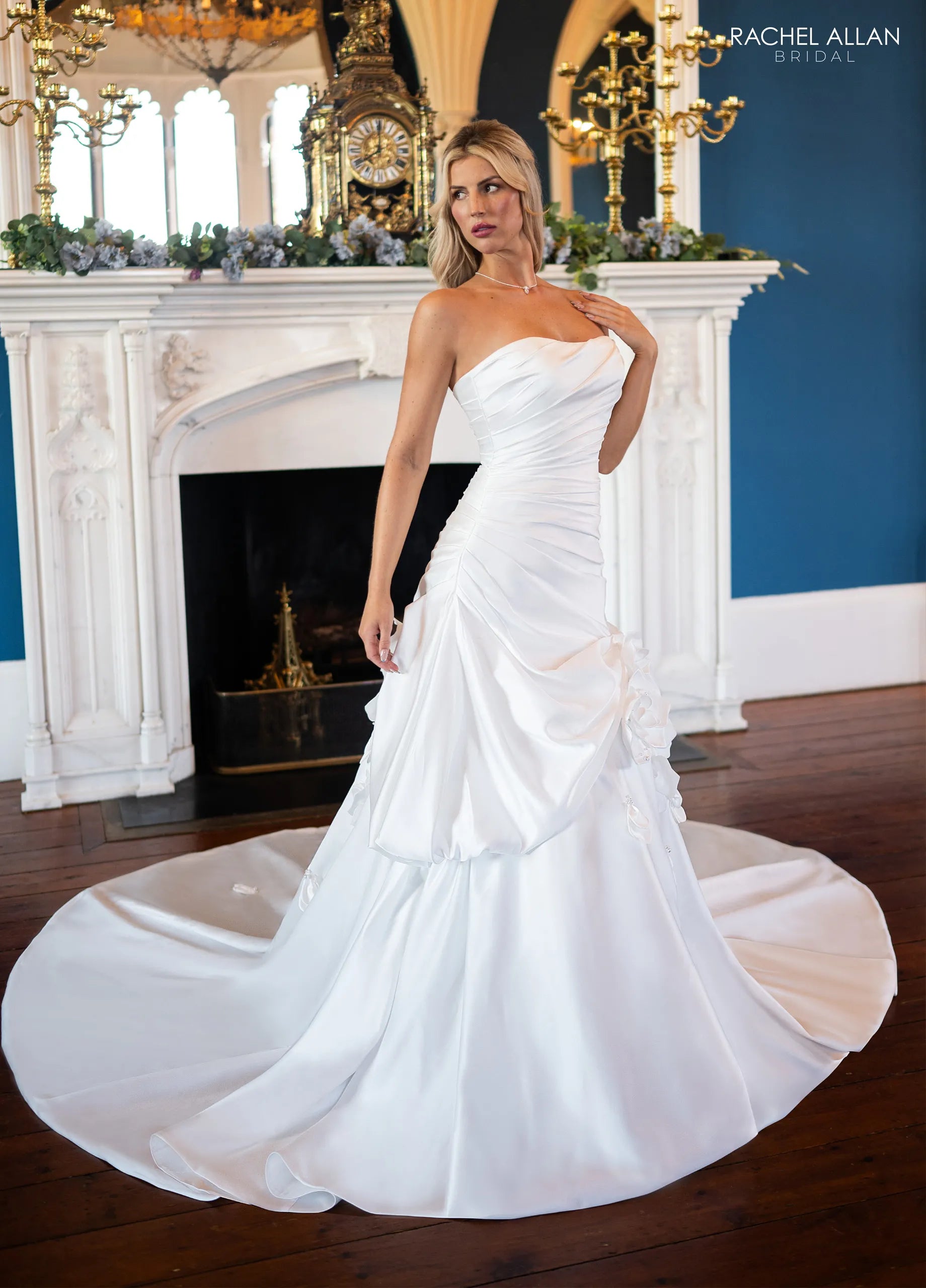 Ivory Sweetheart Floor-Length Satin Wedding Dress with Floral Appliqué Train Rachel Allan RB5130
