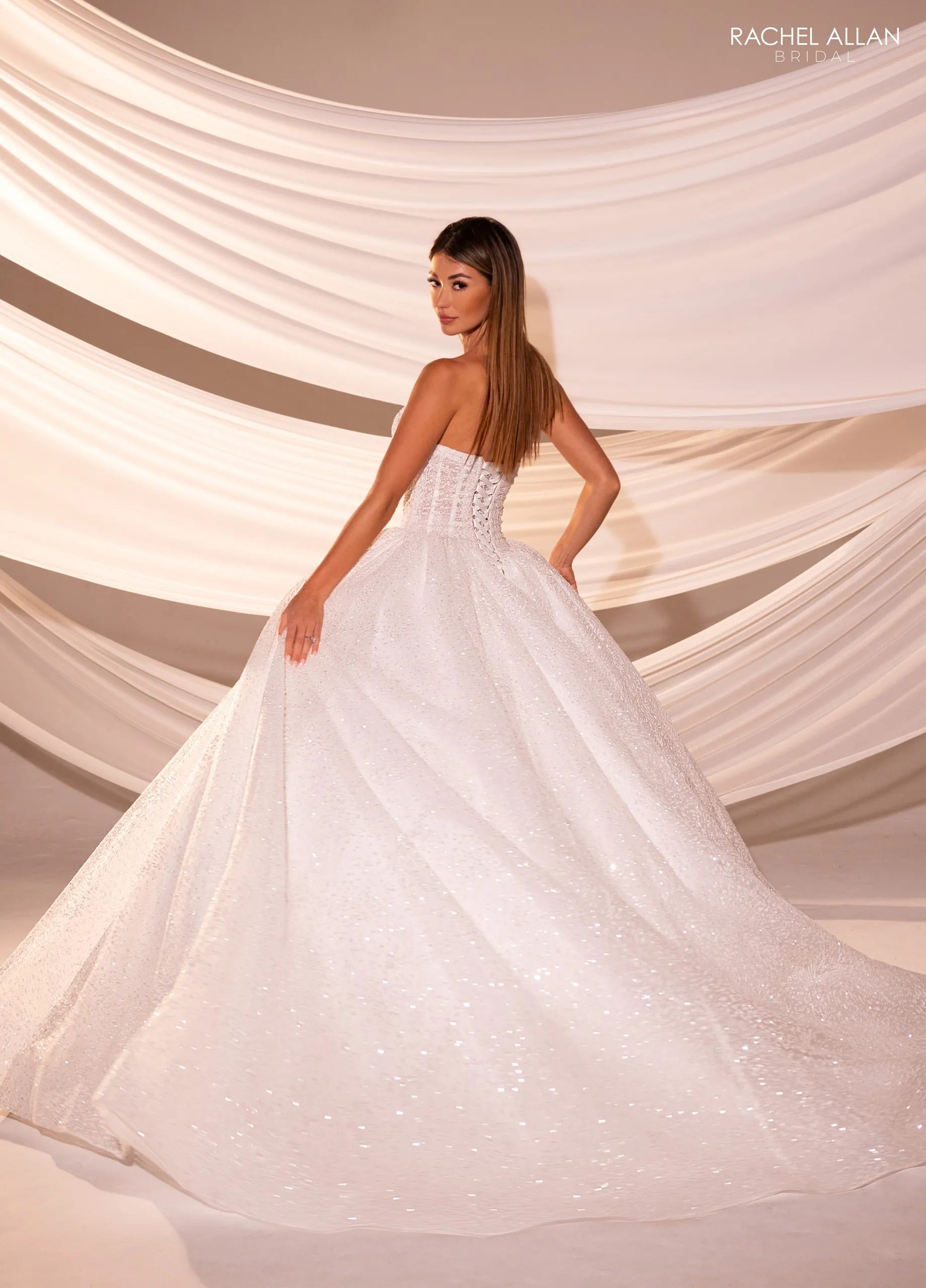 Ivory Nude Sweetheart Floor-Length Tulle Wedding Ball Gown with Detachable Puff Sleeves Rachel Allan RB5110