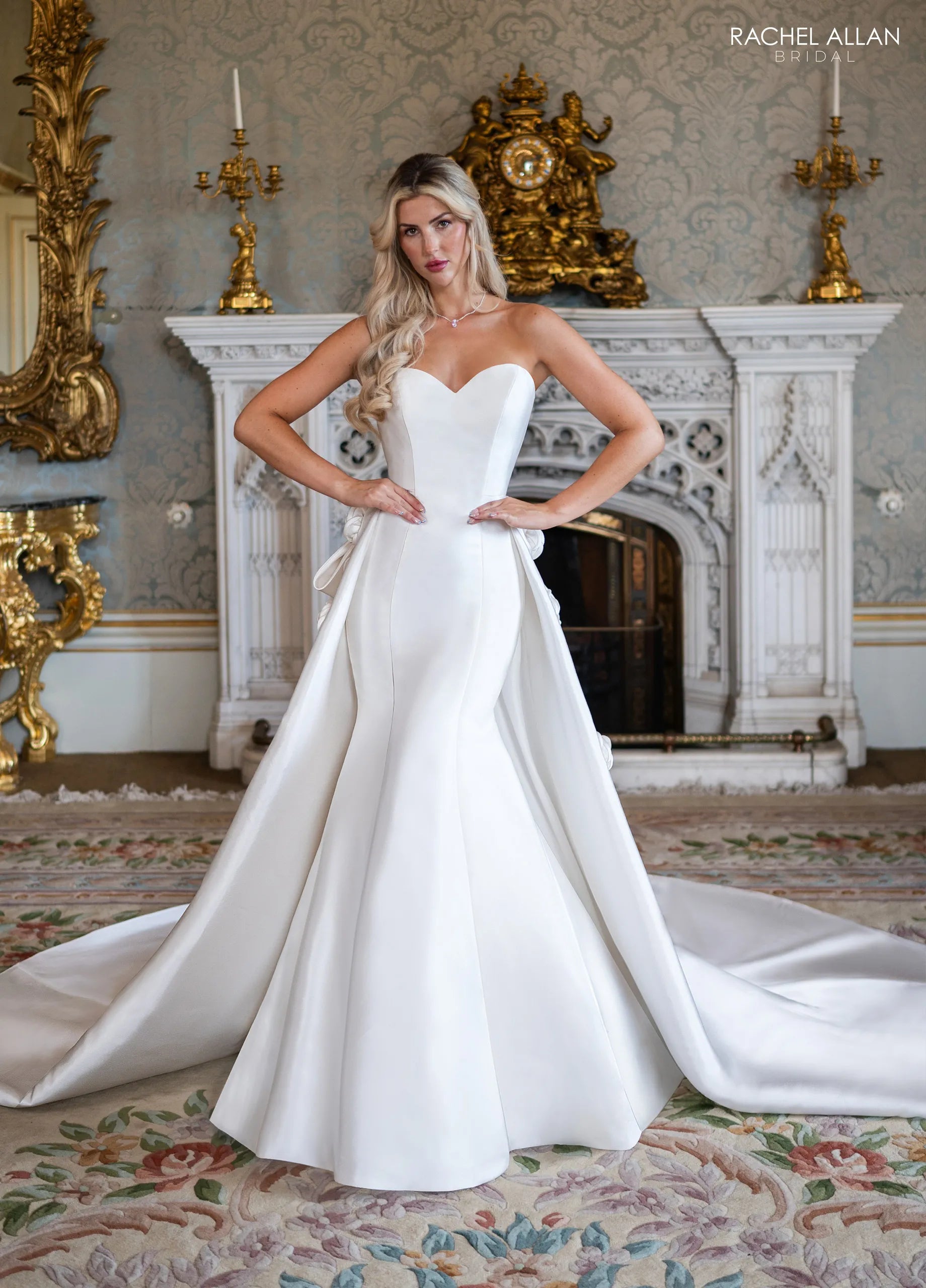 Ivory Sweetheart Strapless Floor-Length Satin Wedding Dress with Overskirt Ball Gown Rachel Allan RB5133