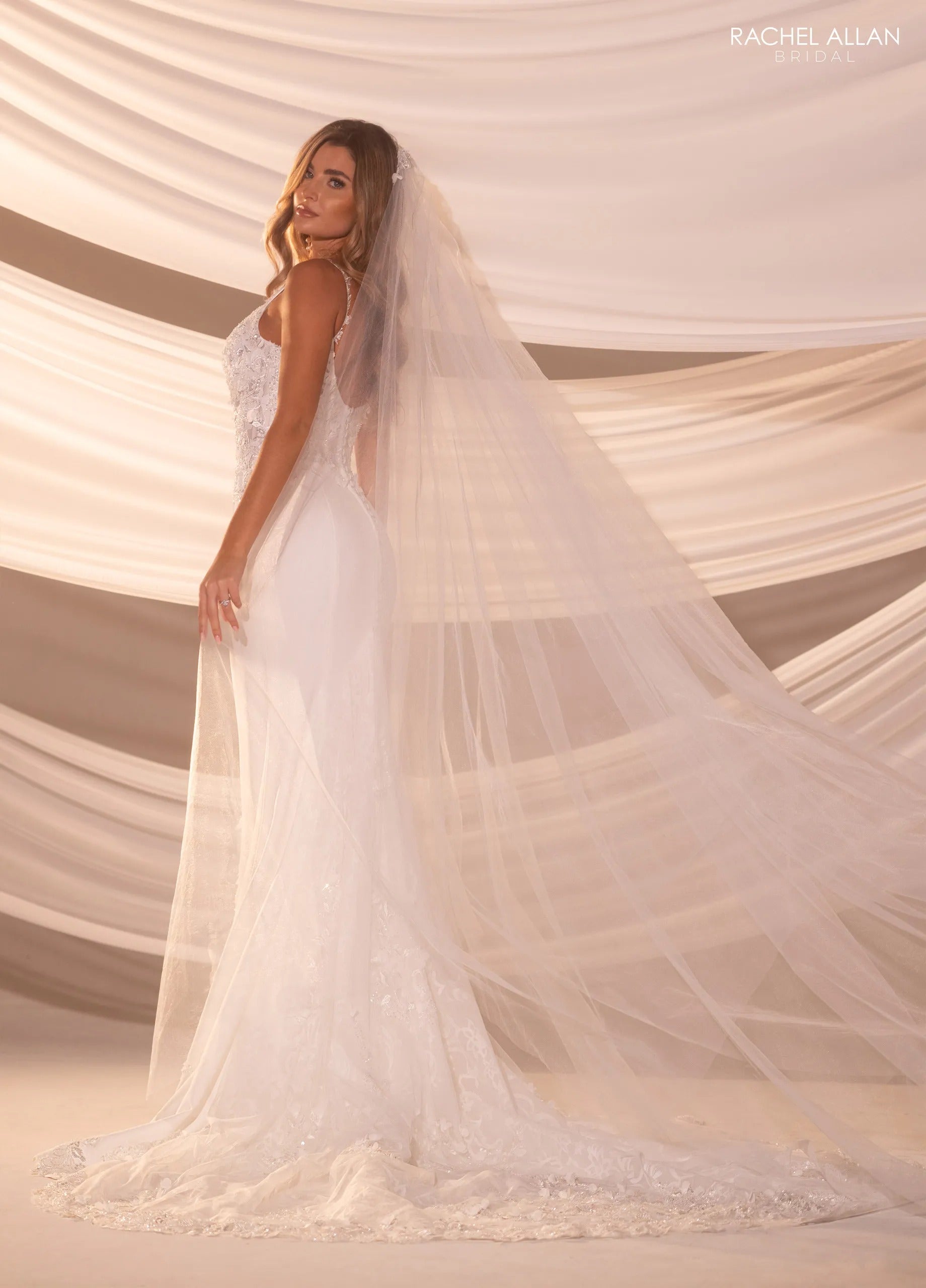 Ivory V-Neck Floor-Length Crepe Wedding Mermaid Gown with Lace Appliqué Rachel Allan RB5102