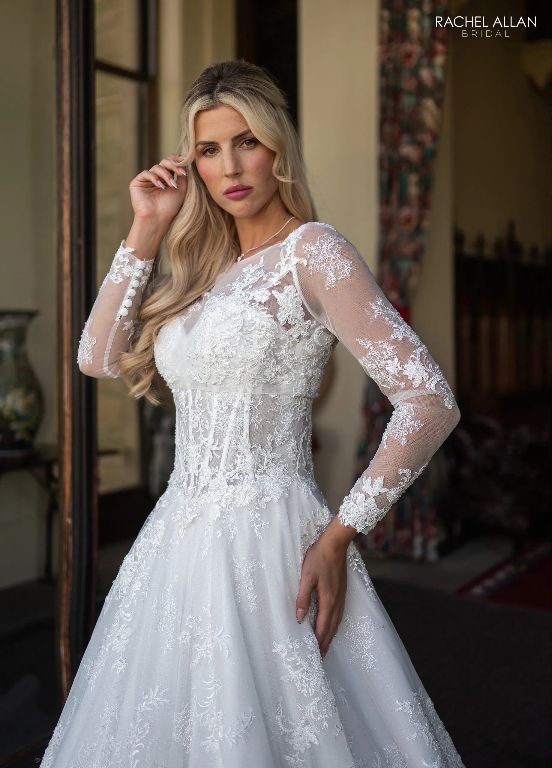 Ivory Illusion Long Sleeve Floor-Length Lace Wedding Dress with Corset Bodice Rachel Allan RB5132
