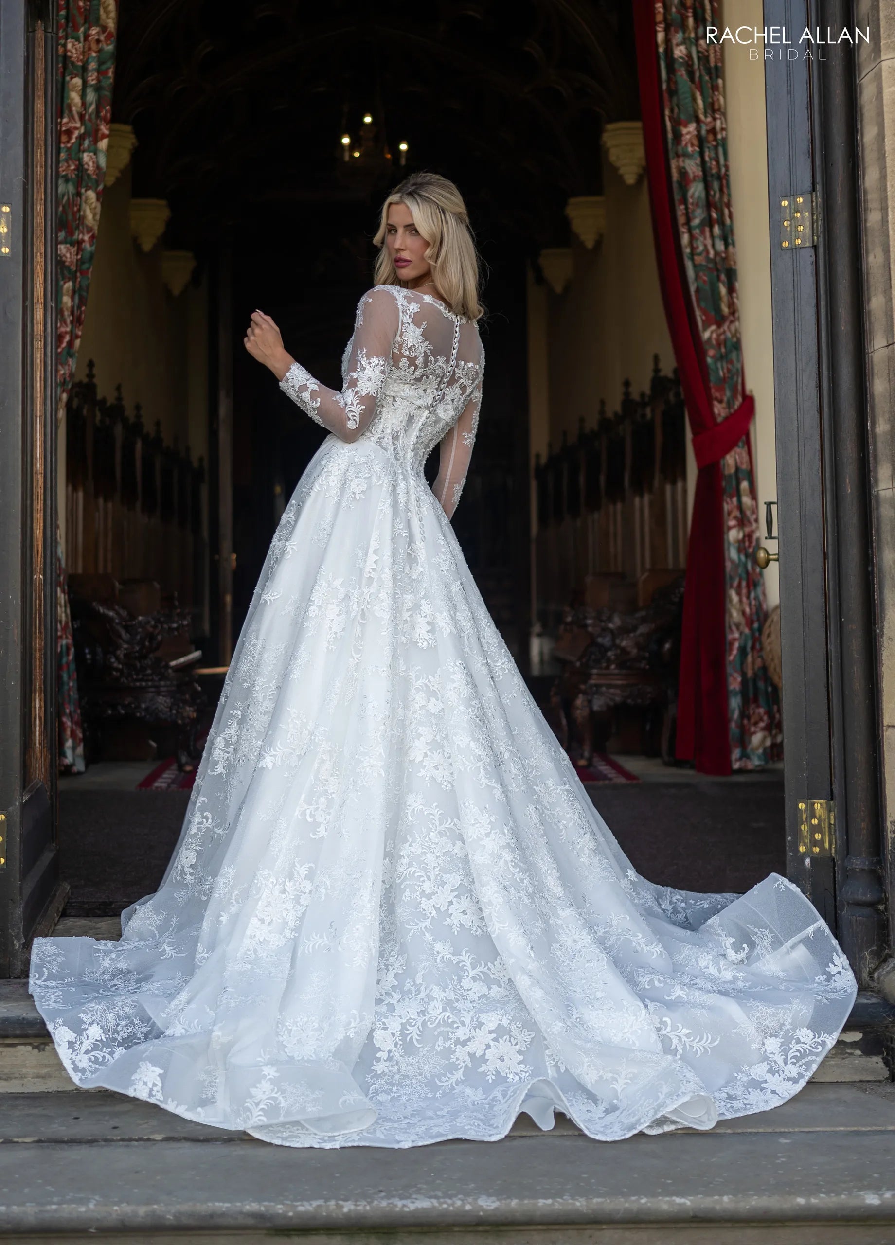 Ivory Illusion Long Sleeve Floor-Length Lace Wedding Dress with Corset Bodice Rachel Allan RB5132