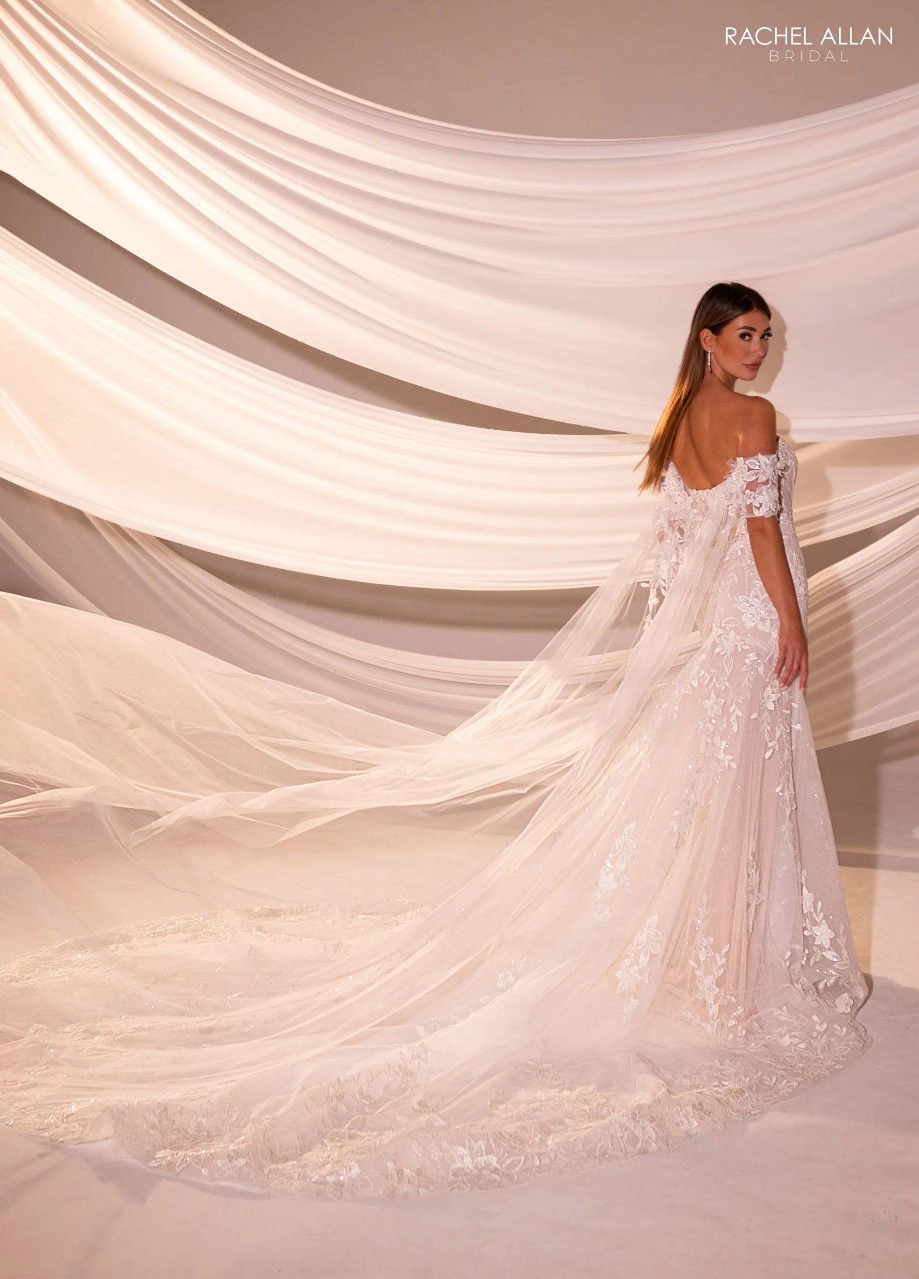 Ivory Nude Sweetheart Floor-Length Lace Tulle Wedding Mermaid Gown with Off-the-Shoulder Sleeves Rachel Allan RB5101