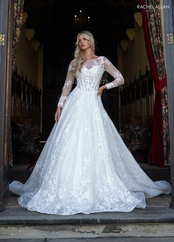 illusion lace bodice wedding dress Long Sleeve Wedding Dress with Illusion Lace Bodice Lace Appliqu Wedding Dress with Crew Neckline Plus Size Size 4 / Dress with Bolero