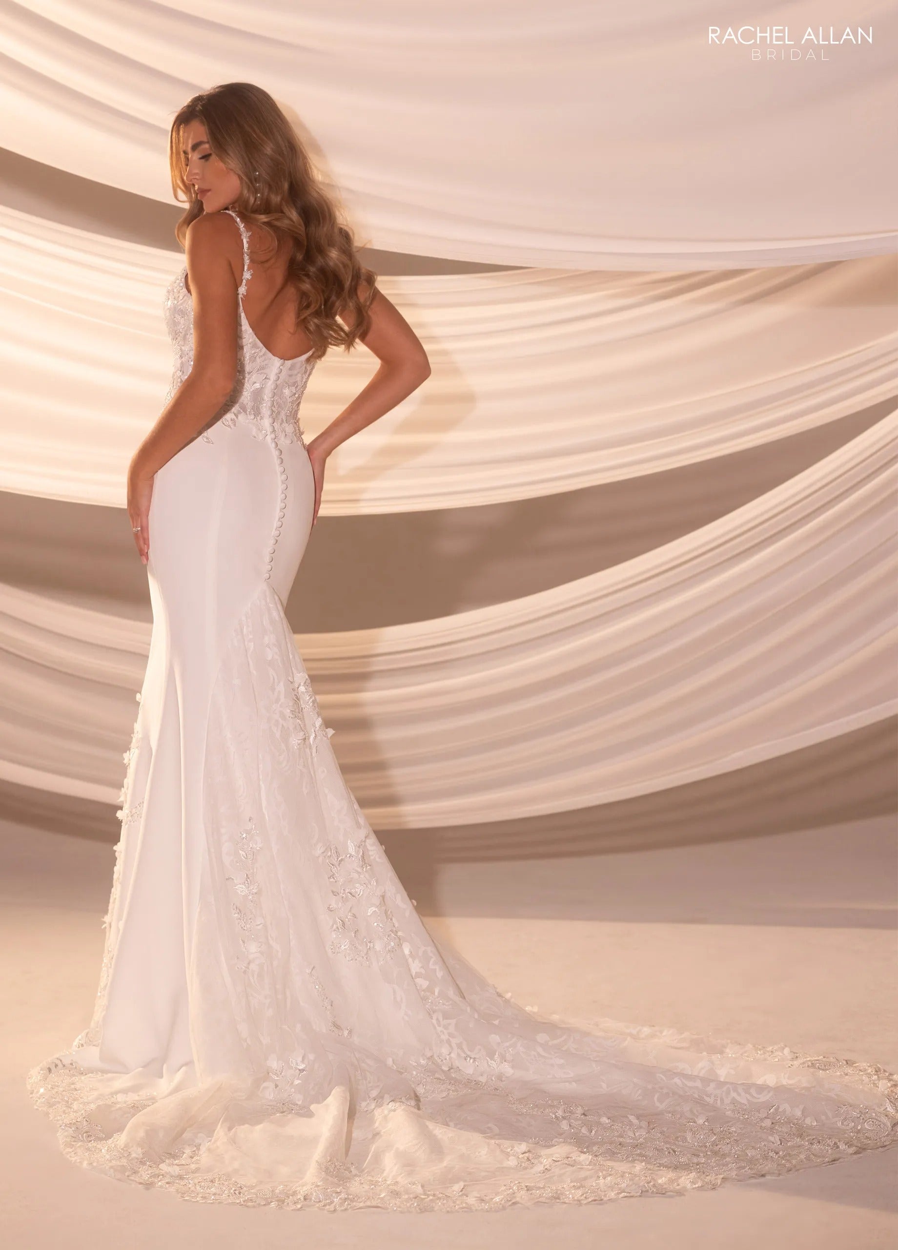 Ivory V-Neck Floor-Length Crepe Wedding Mermaid Gown with Lace Appliqué Rachel Allan RB5102