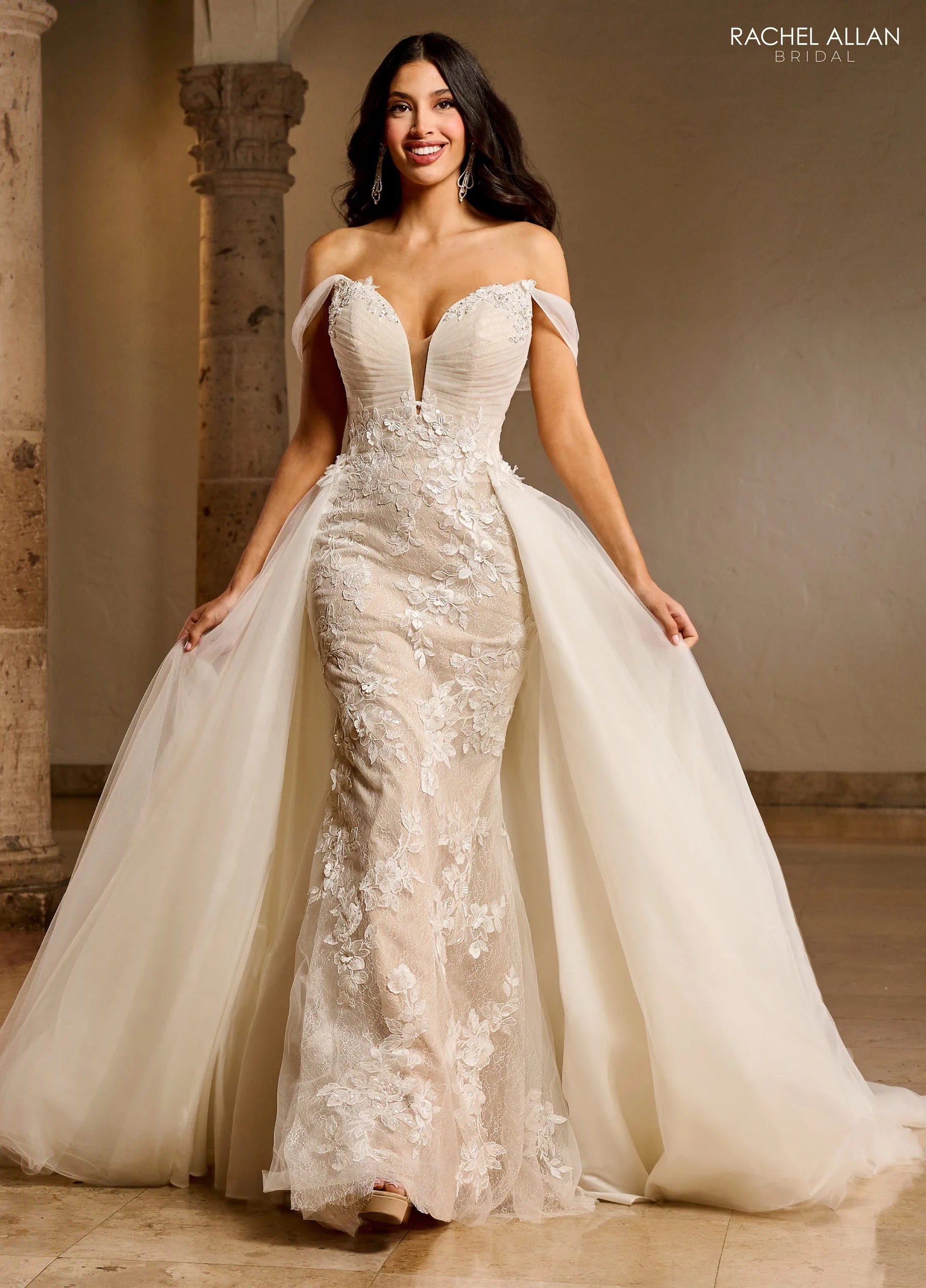 Ivory Champagne Sweetheart Floor-Length Lace Tulle Wedding Mermaid Gown with Detachable Overskirt Rachel Allan RB5039