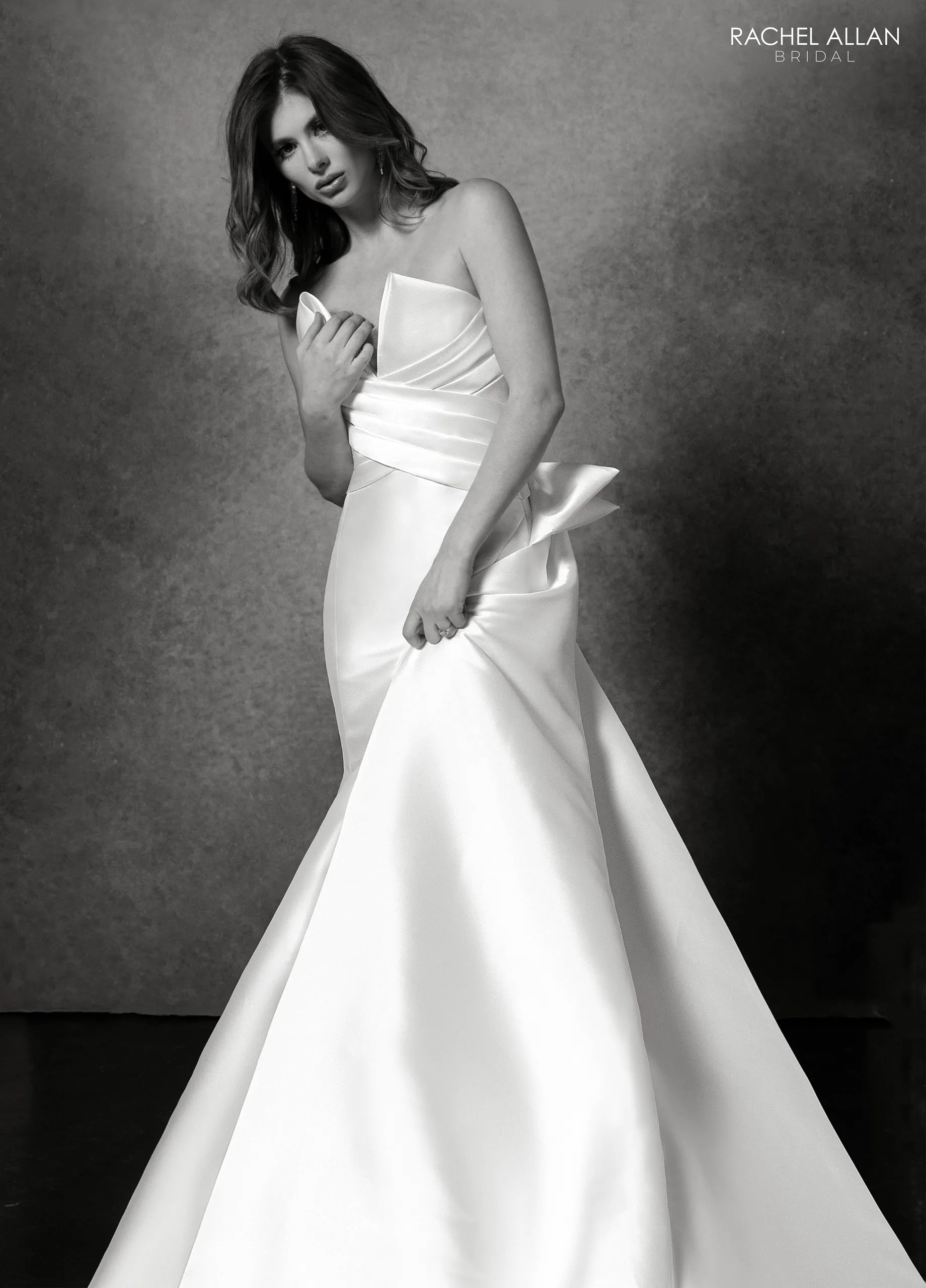 Ivory Light Rum Pink V-Neck Floor-Length Crepe Wedding Mermaid Gown with Draped Bodice Rachel Allan RB5106