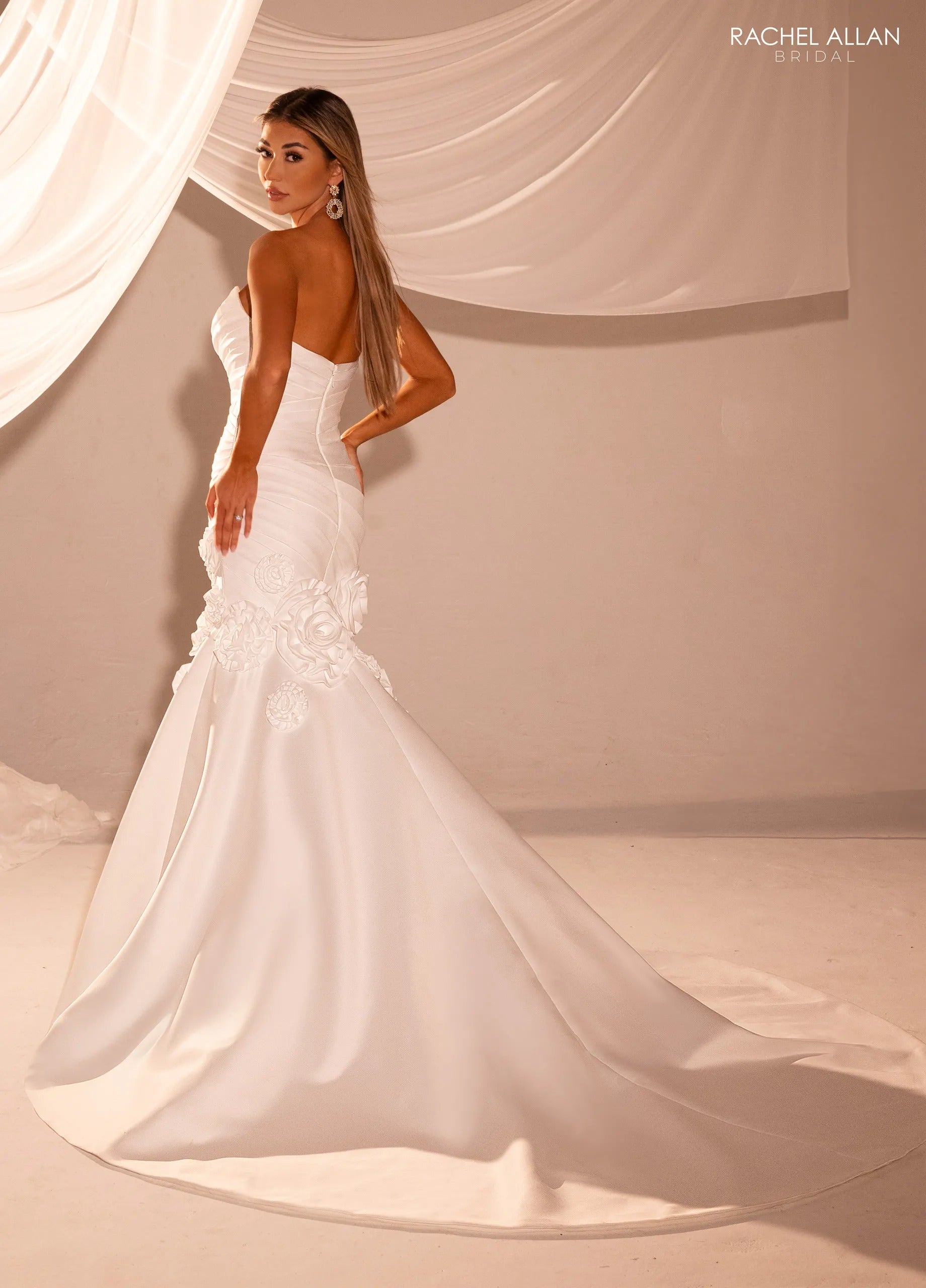 Ivory Sweetheart Floor-Length Satin Wedding Mermaid Gown with Floral Appliqué Rachel Allan RB5109