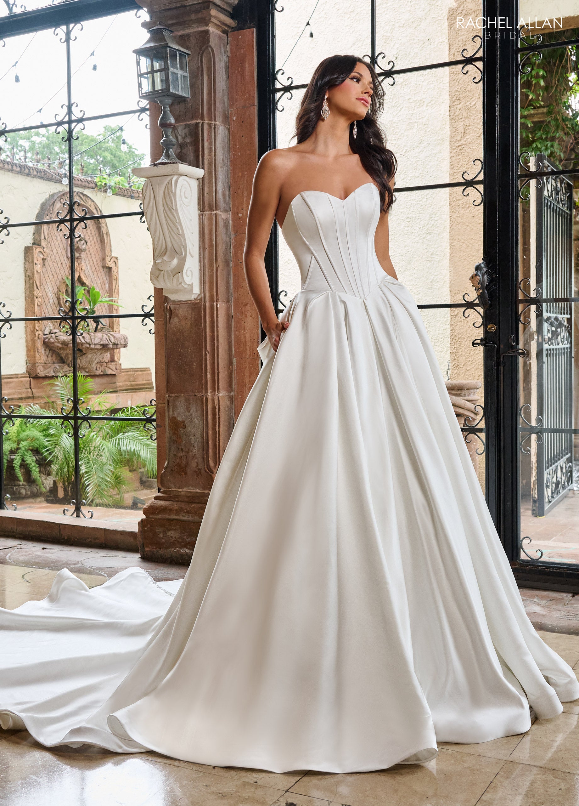 satin cathedral wedding dress Jersey: Mikado A-Line Gown with Sequined Lace and Dramatic Cathedral Train