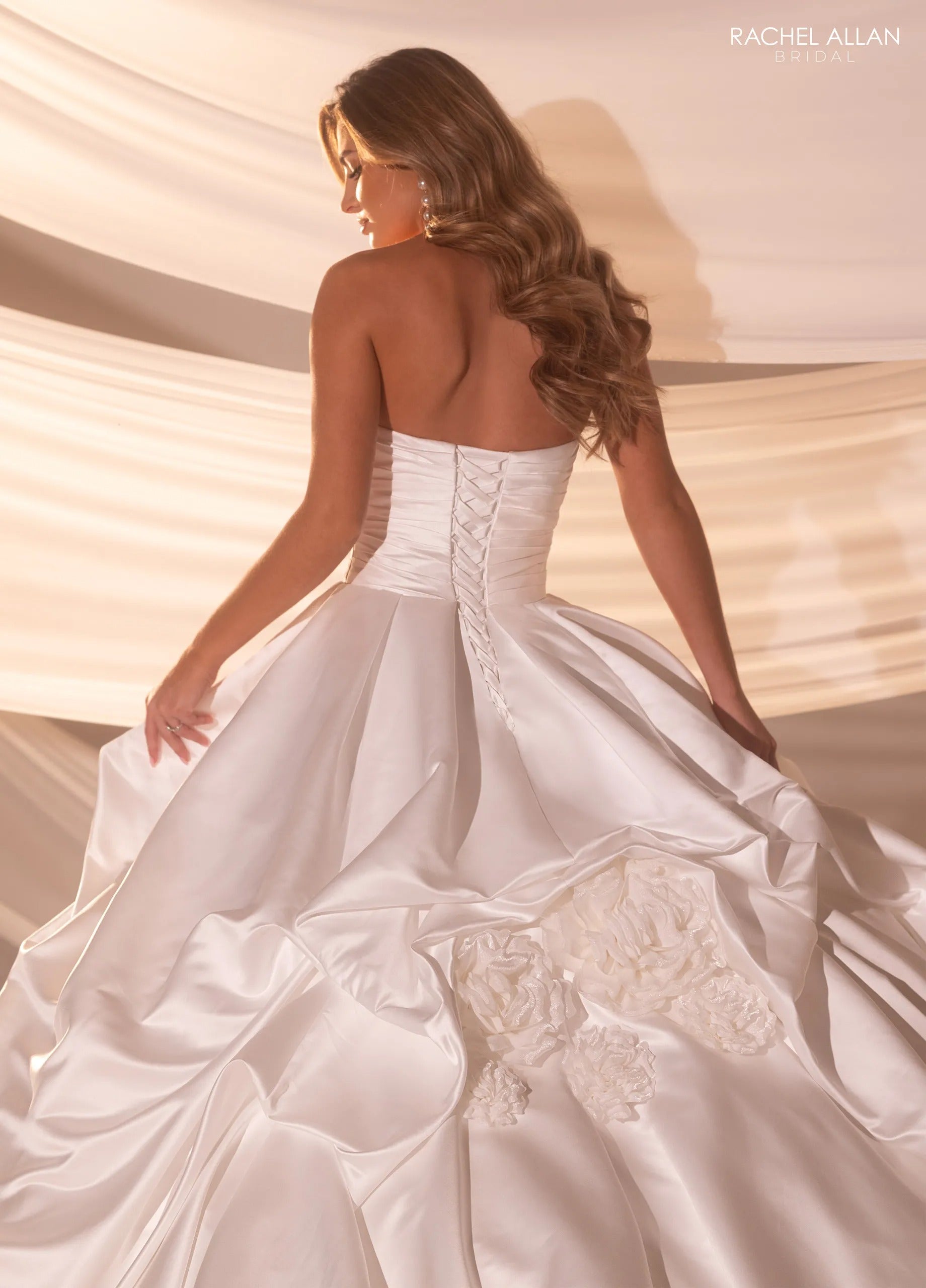 Ivory Nude Sweetheart Floor-Length Satin Wedding Ball Gown with Draped Skirt Rachel Allan RB5100