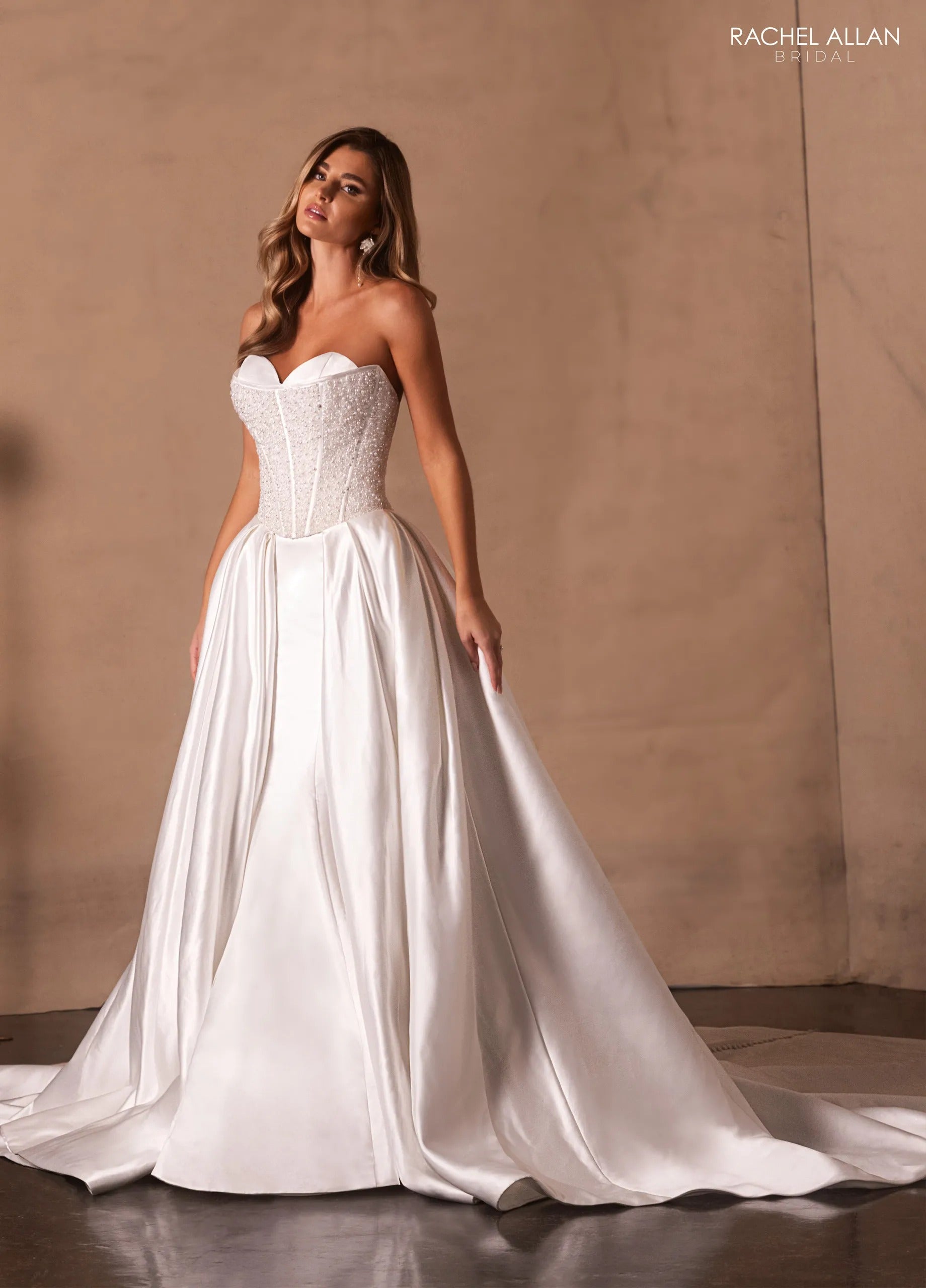 Ivory Sweetheart Floor-Length Satin Wedding Ball Gown with Beaded Corset Bodice Rachel Allan RB5104