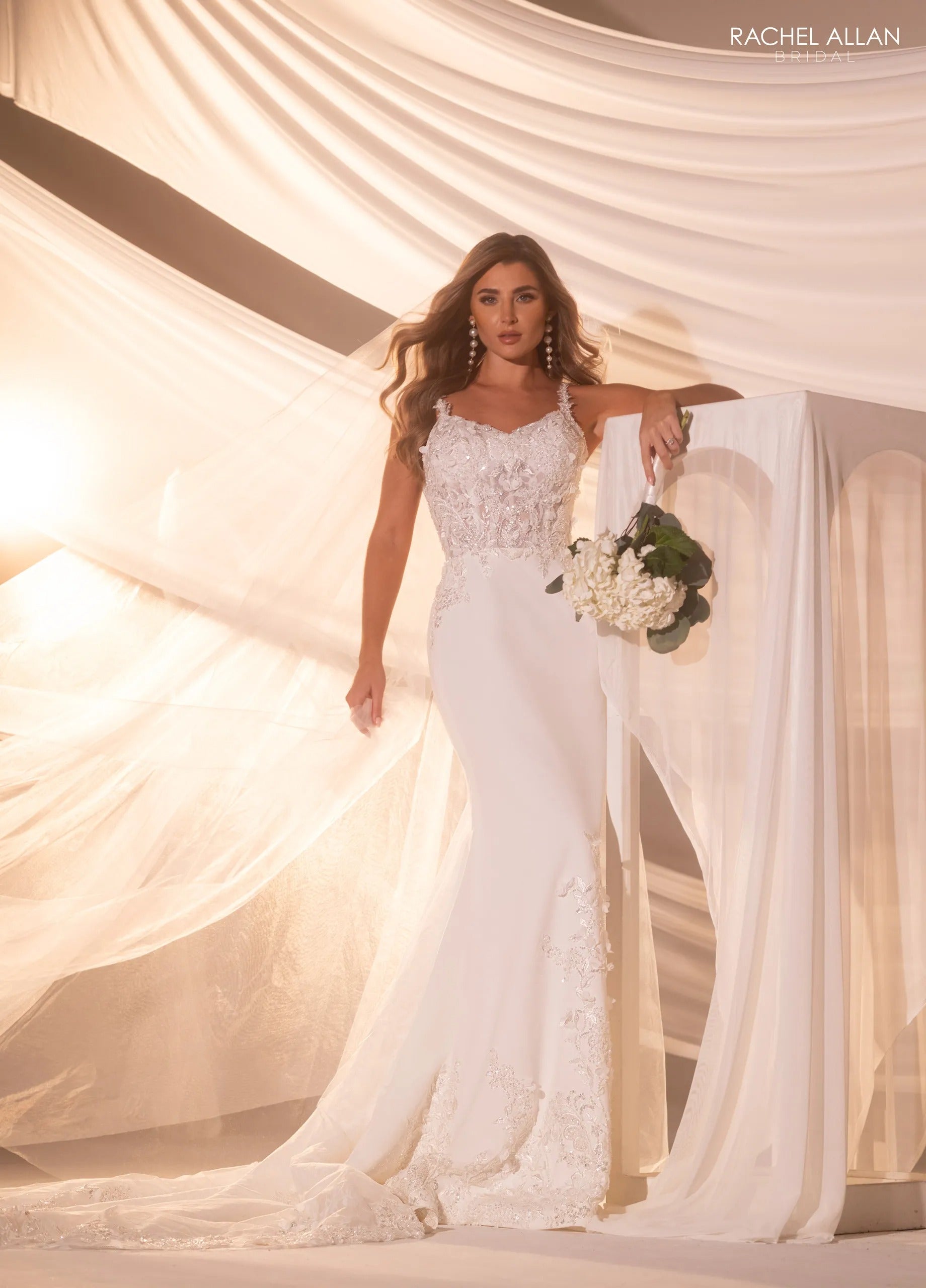 Ivory V-Neck Floor-Length Crepe Wedding Mermaid Gown with Lace Appliqué Rachel Allan RB5102