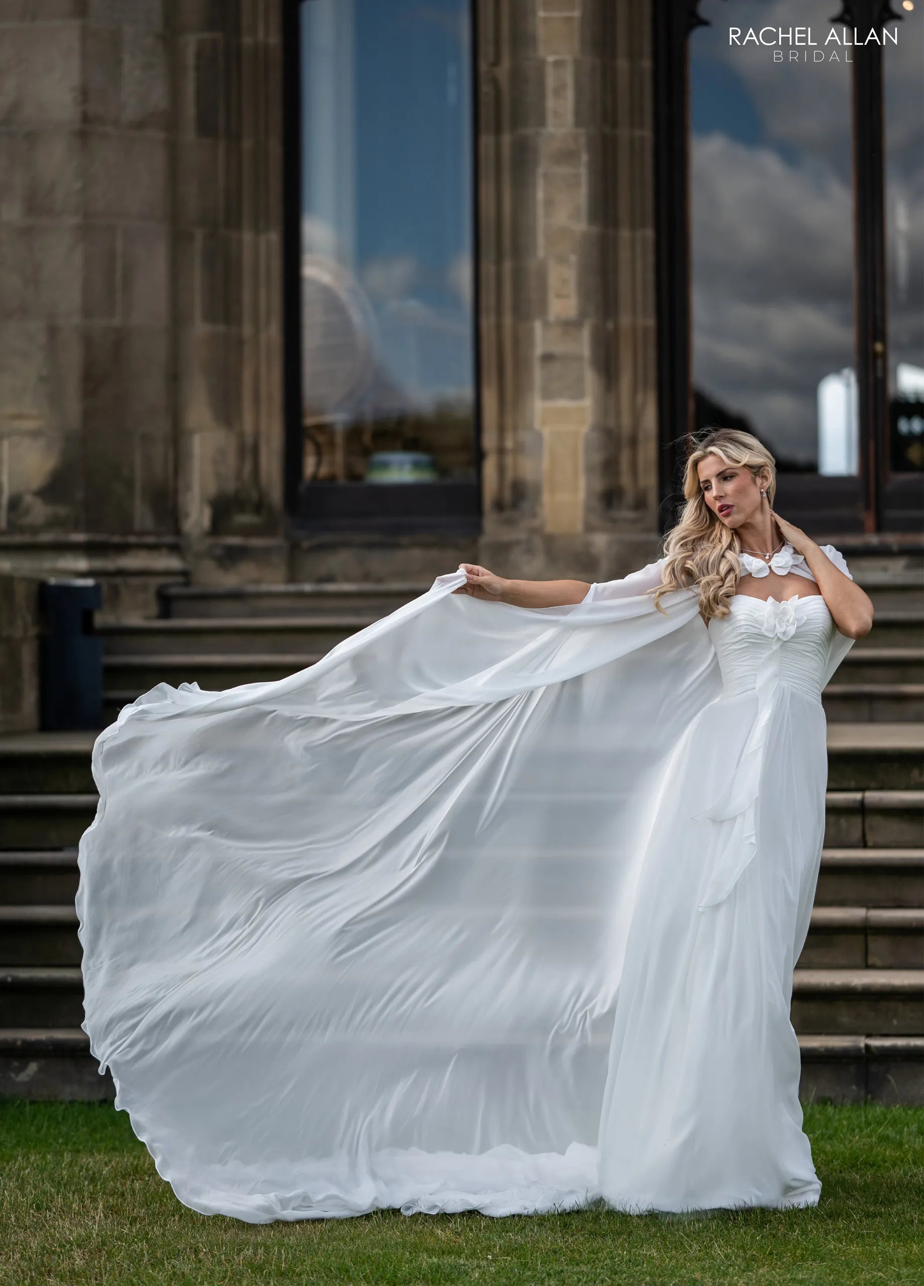 Sweetheart Floor-Length Chiffon Wedding Dress with Cape Train Rachel Allan RB5124 The Dress Outlet Sweetheart Floor-Length Chiffon Wedding Dress with Cape Train Rachel Allan RB5124 The Dress Outlet