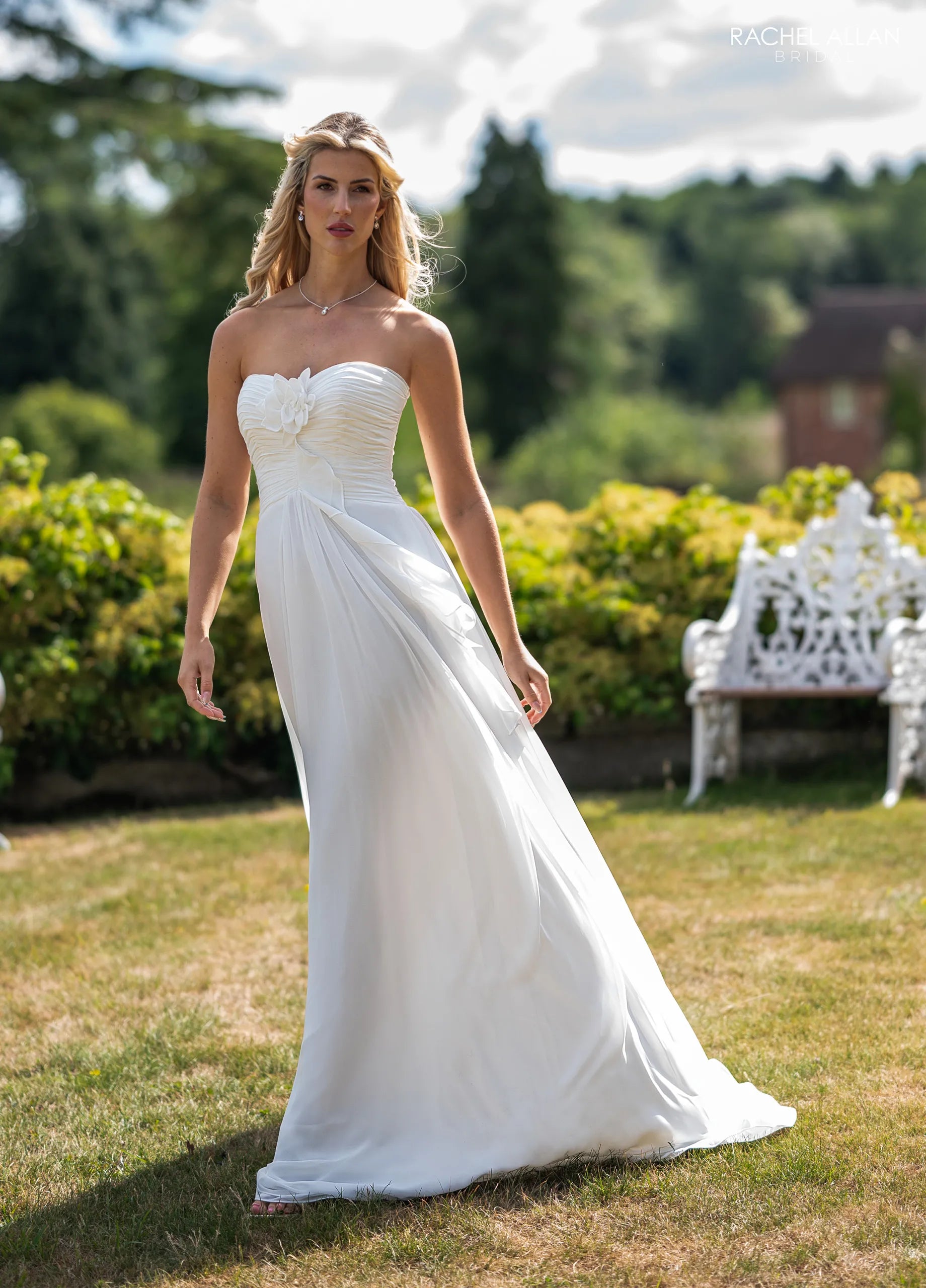 Ivory Sweetheart Floor-Length Chiffon Wedding Dress with Cape Train Rachel Allan RB5124