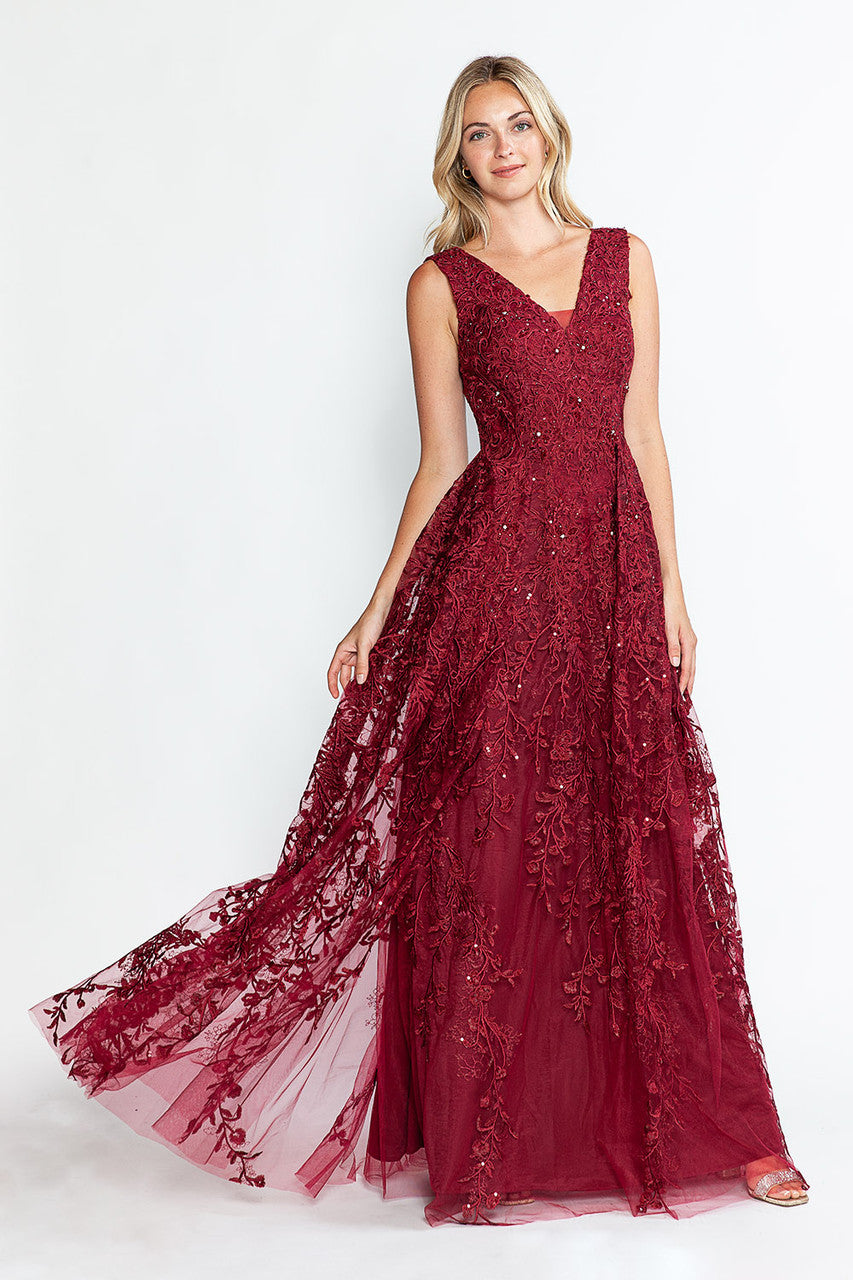 A Line Long Formal Lace Dress Lenovia 8337 - Burgundy / XL A Line Long Formal Lace Dress Lenovia 8337 - Burgundy / XL
