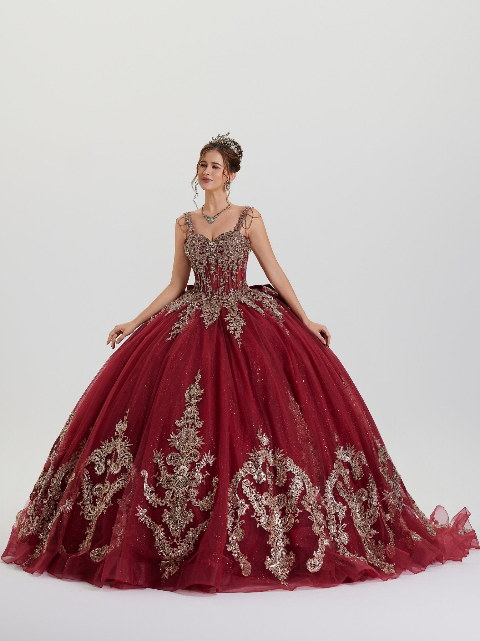Quinceniera Dresses Long Beaded Ball Gown Glitter Quinceanera Dress Burgundy-Mesh-26407-Floral