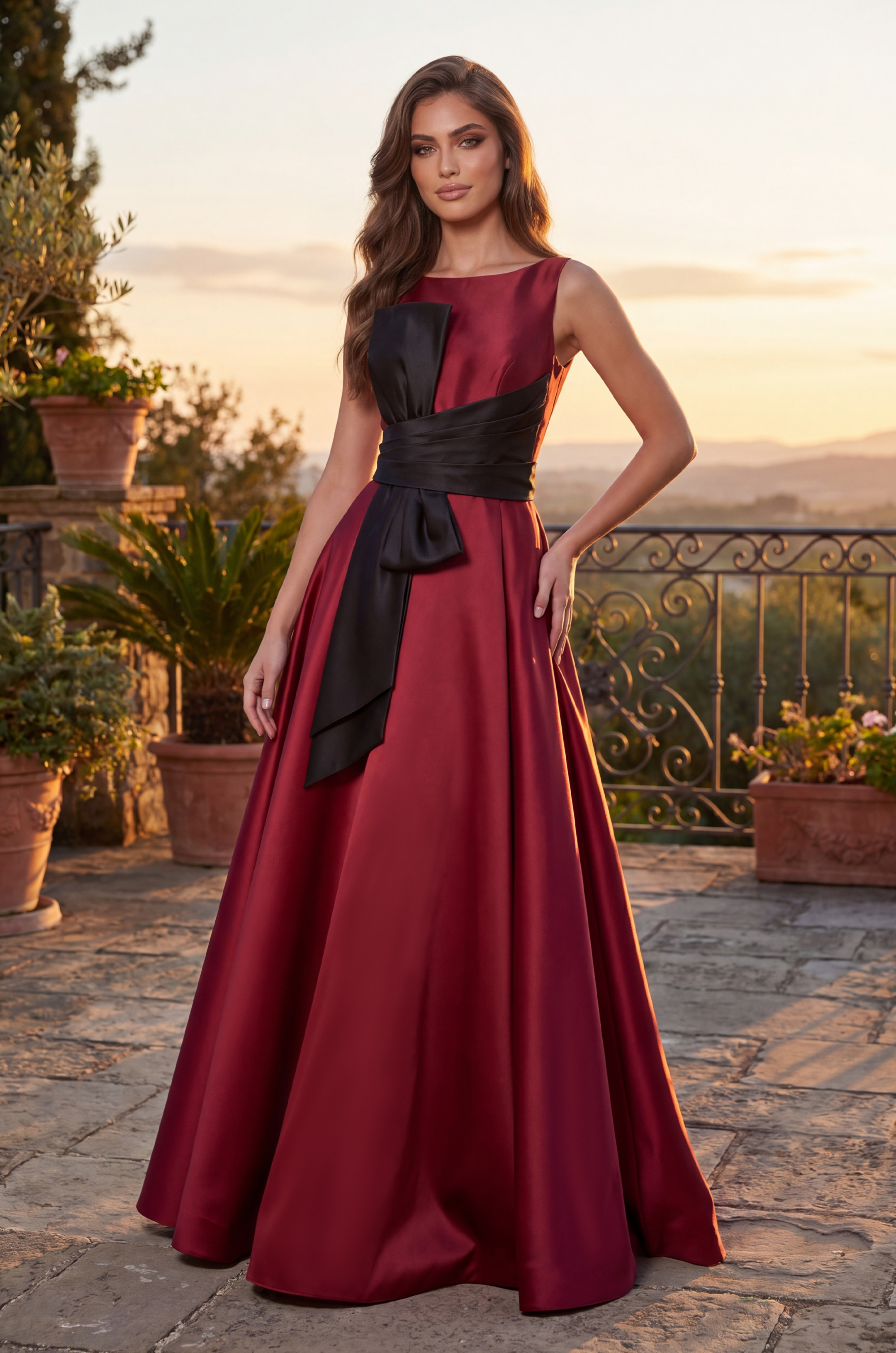 Sleeveless Eggplant Formal Ball Gown with Statement Bow