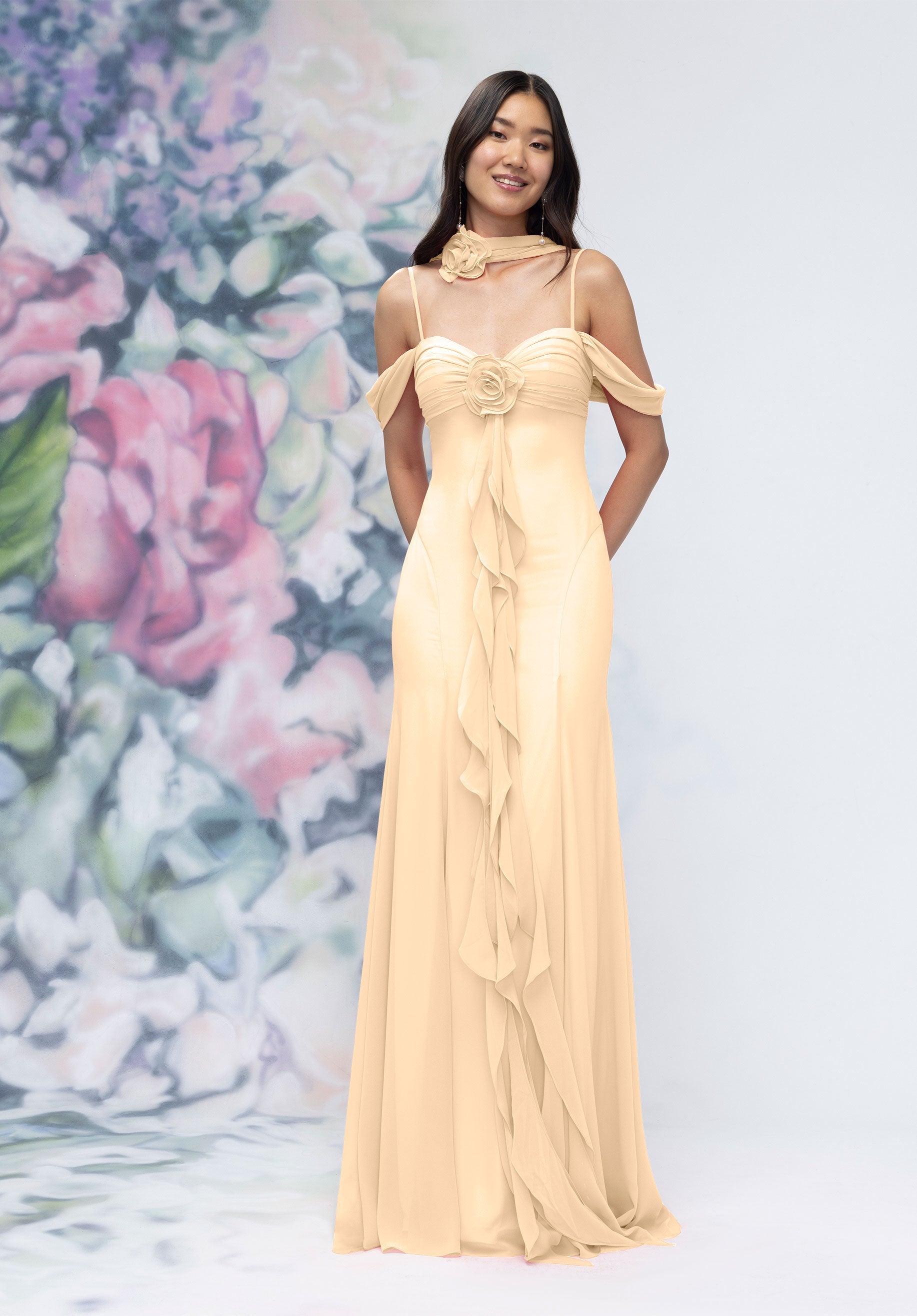 Formal Dresses Ruffle Floral Long Formal Dress Buttercream-Chiffon-3030000-Ruffle