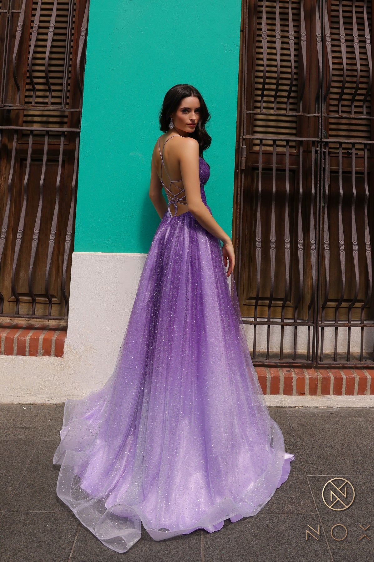 fitted lace wedding dress Nox Anabel C1251 Long Formal Glitter Prom Dress – The Dress Outlet