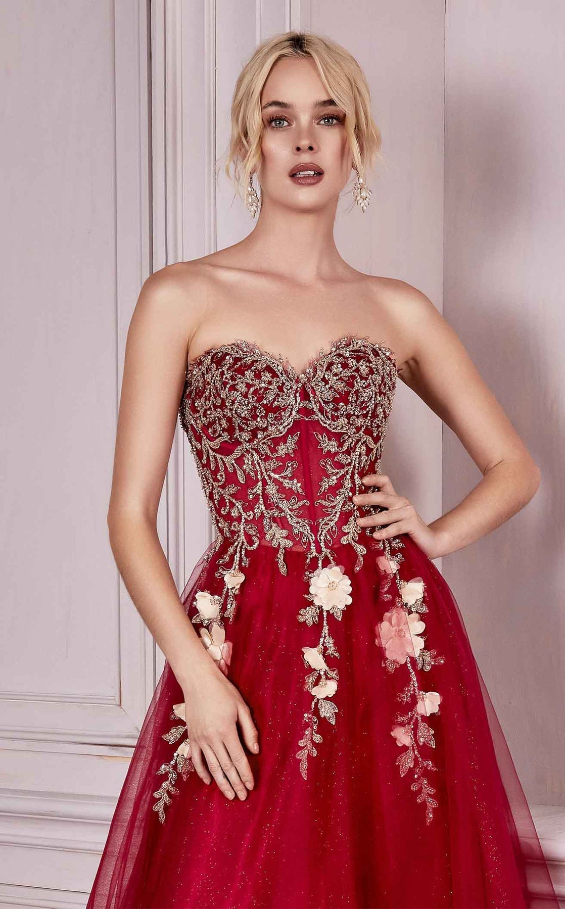 Prom Dresses Long Formal Corset Beaded 3D Floral Prom Dress Burgundy