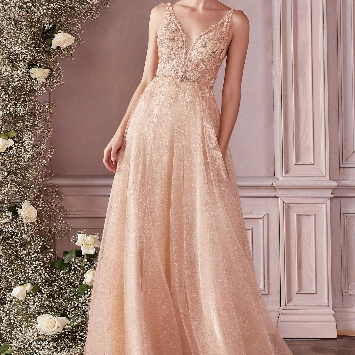 Beaded-Bodice Long Pastel A-Line Prom Dress CD0196 - Blush / Medium Beaded-Bodice Long Pastel A-Line Prom Dress CD0196 - Blush / Medium