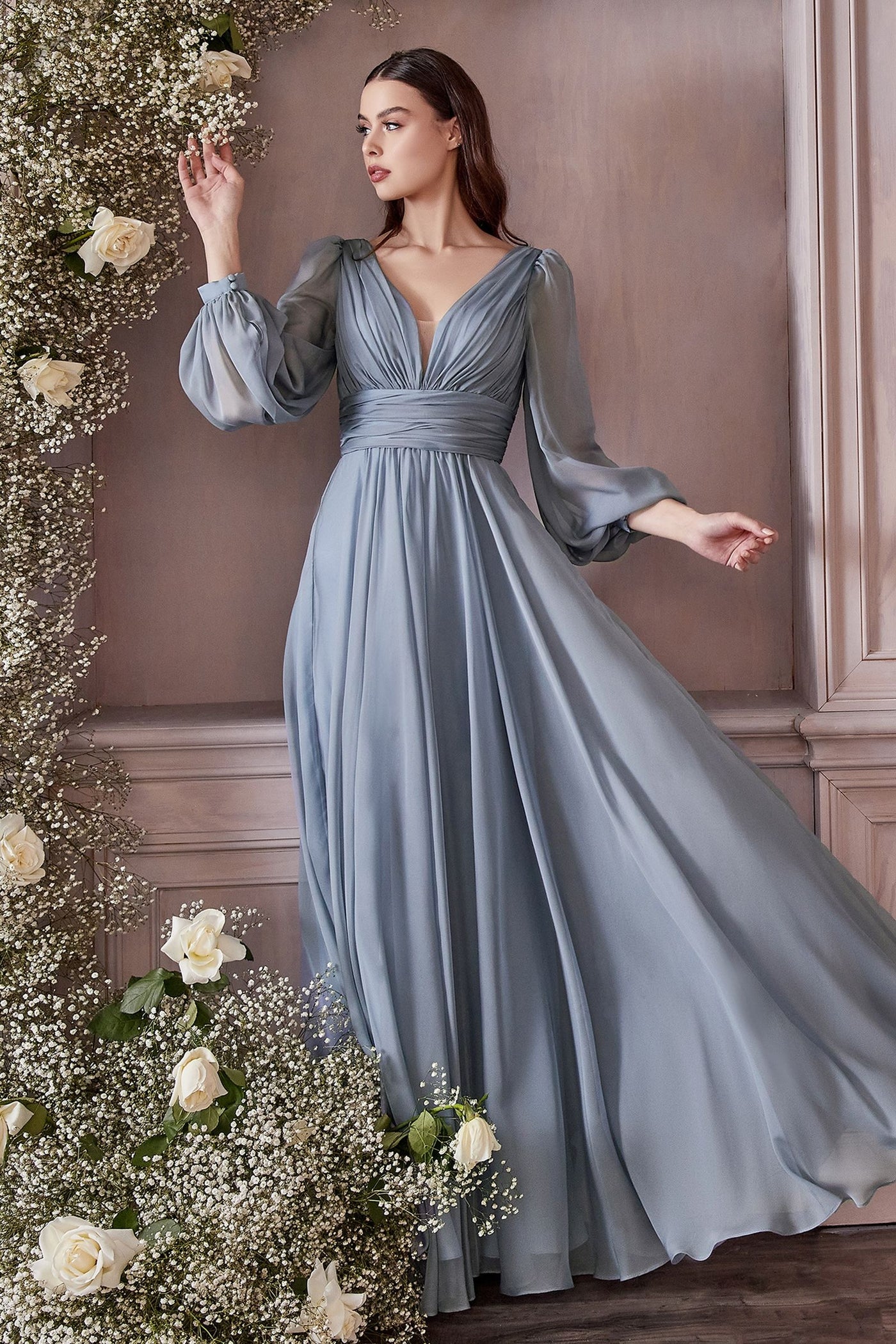 classic evening dresses & Prom Long Sleeves Bodice A-line Chiffon Gown West Cherry Clothing Measurement form will be emailed. Women's Evening Gowns & Formal