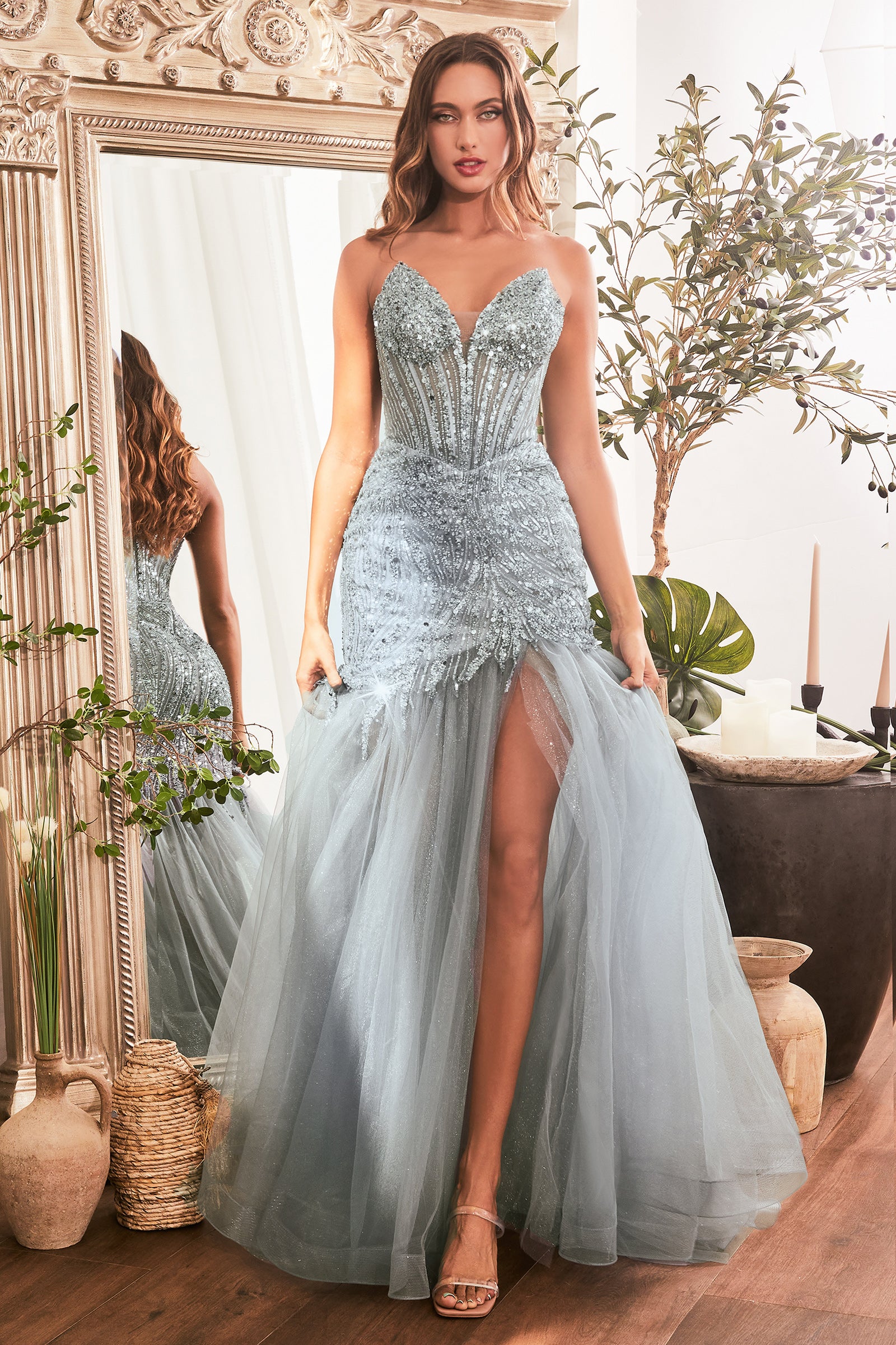 Prom Dresses Long Sequin Strapless Mermaid Dress Smoky Blue