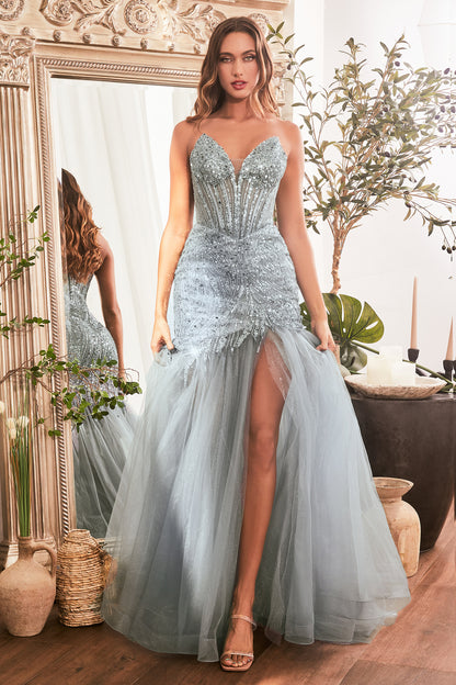 Prom Dresses Long Sequin Strapless Mermaid Dress Smoky Blue
