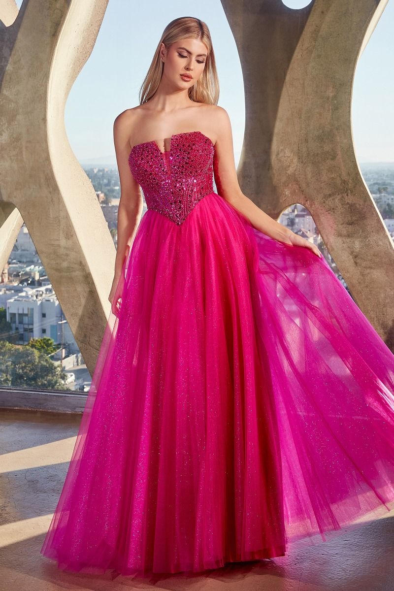 Long Strapless A-Line Sequin Glitter Tulle Skirt Prom Dress by