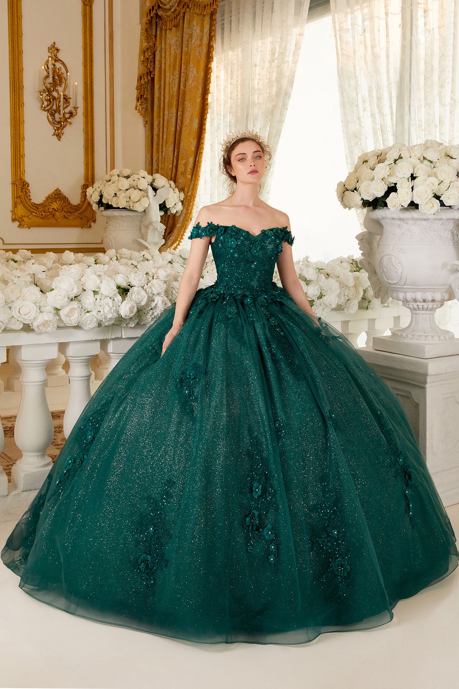 Quinceniera Dresses Long Floral Ball Gown Glitter Quinceanera Dress Emerald