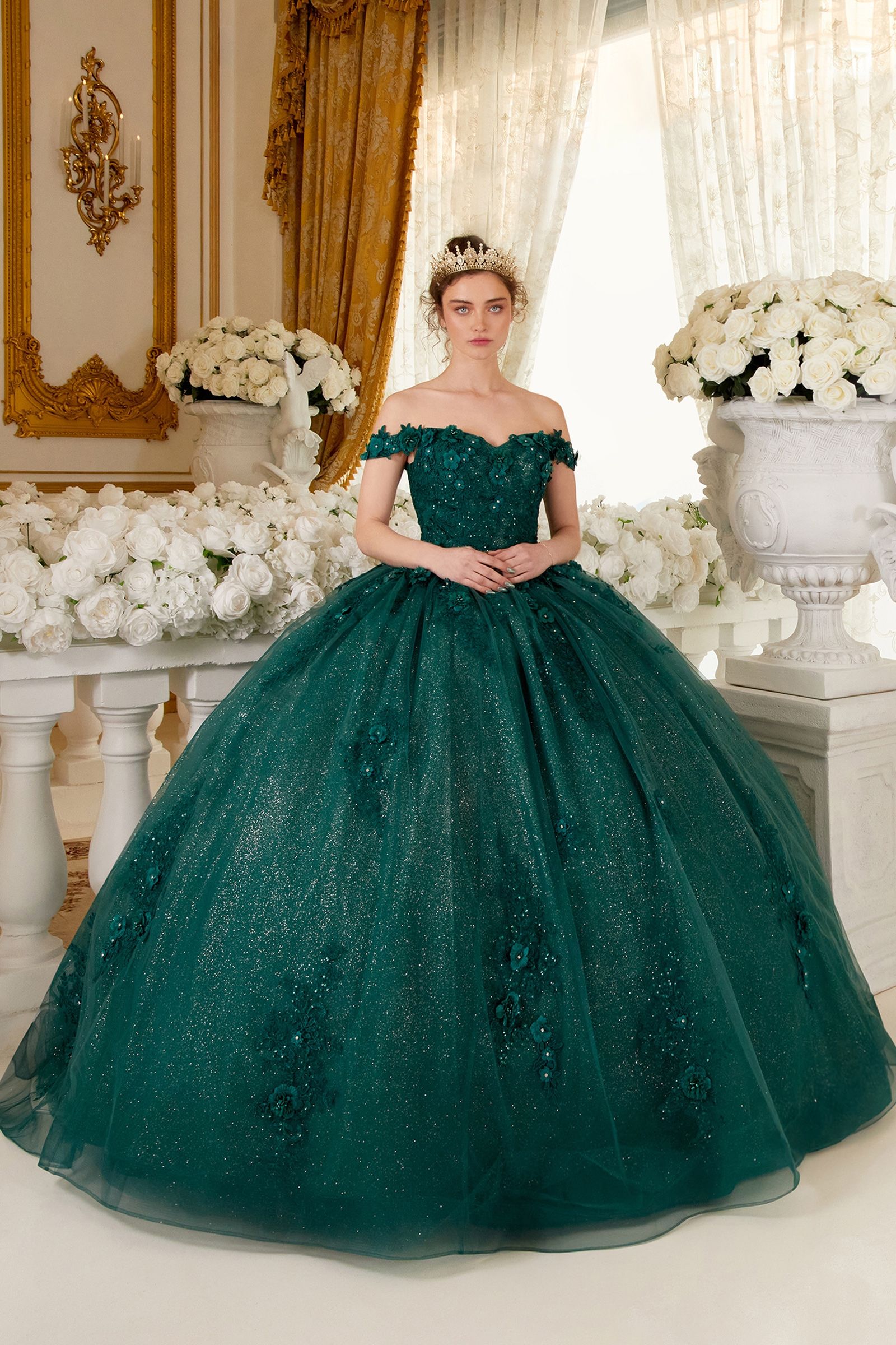 Cinderella Divine 15702 Ladivine Off Shoulder Quince Ball Gown, Emerald / S Cinderella Divine 15702 Ladivine Off Shoulder Quince Ball Gown, Emerald / S