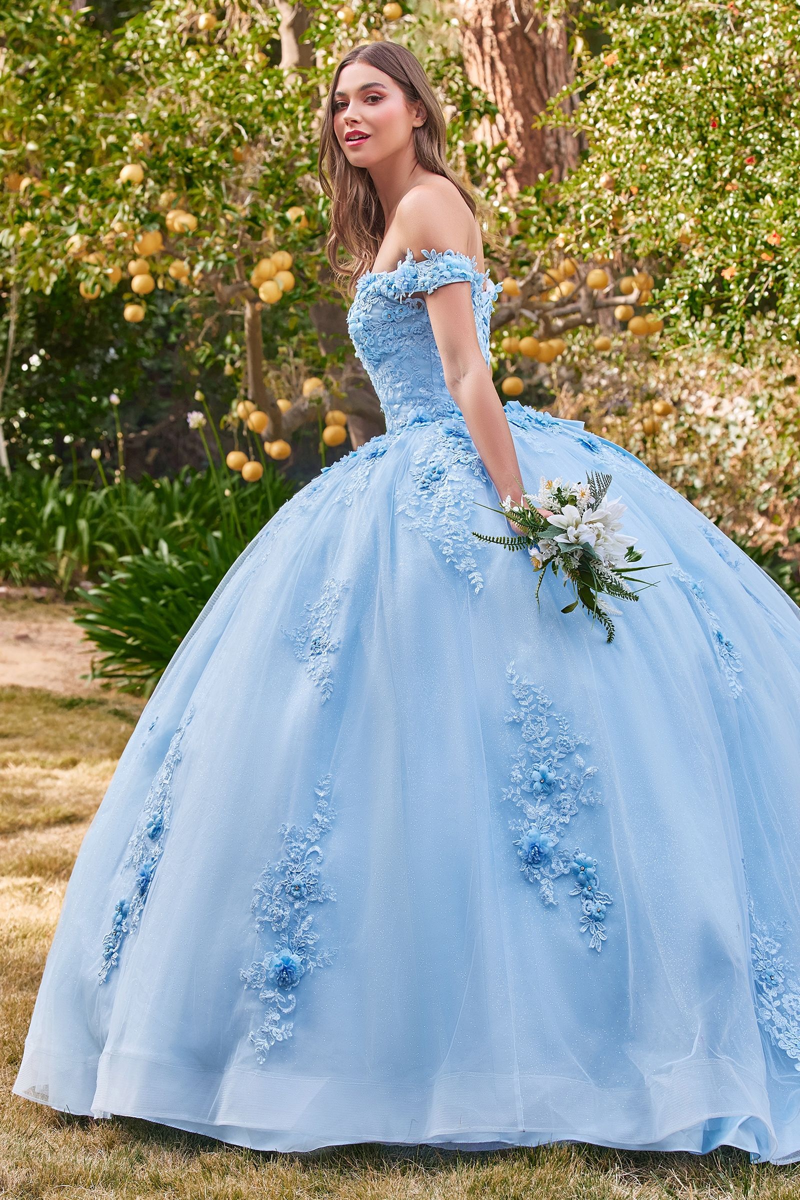 Quinceniera Dresses Long Floral Ball Gown Glitter Quinceanera Dress Lt Blue