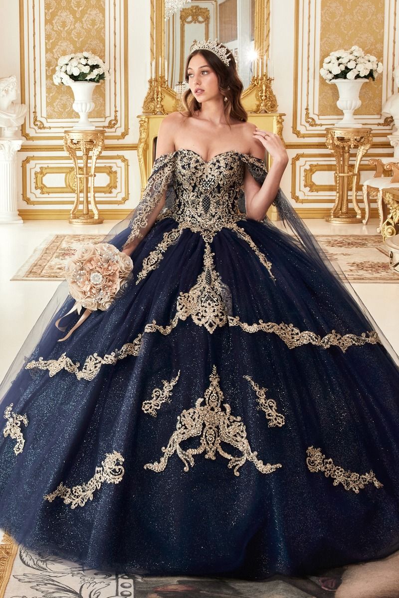 Quinceniera Dresses Long Applique Glitter Quinceanera Ball Gown Navy