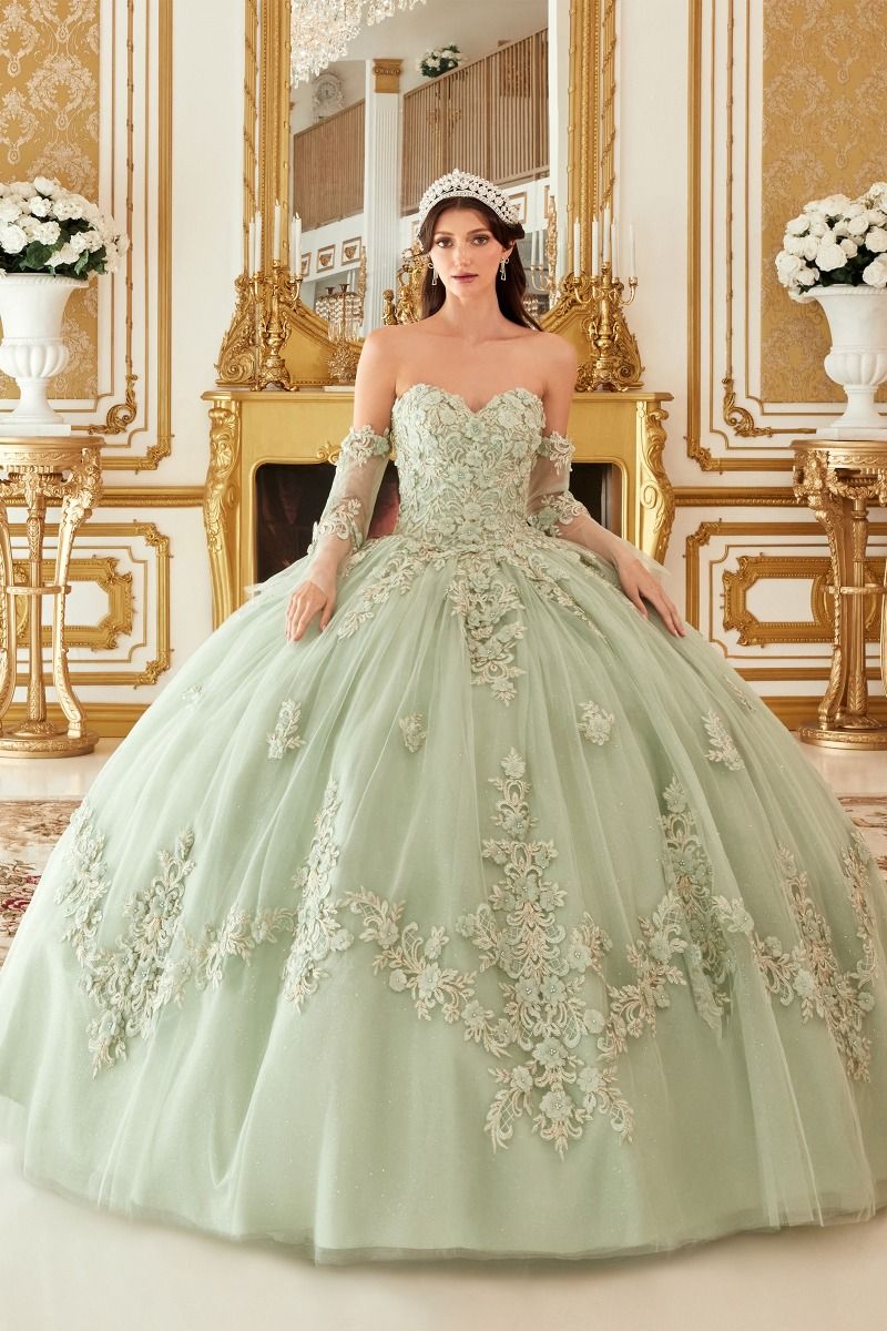 Long Strapless Quinceañera Floral Appliqué Ball Gown by LaDivine 15714