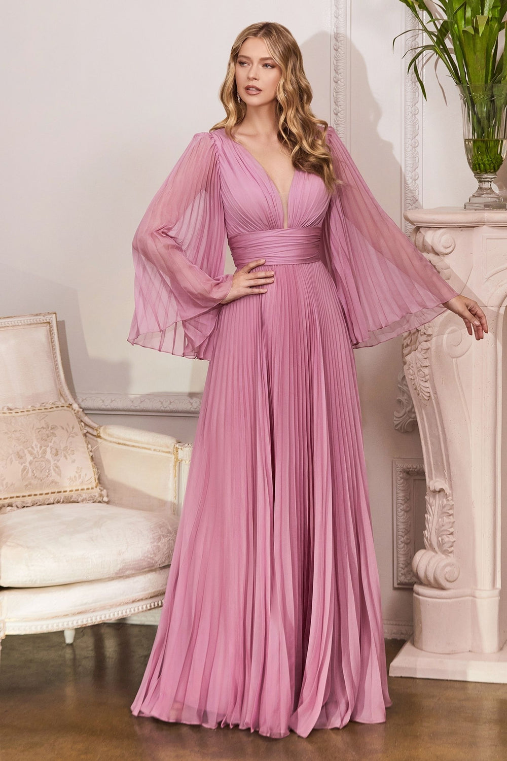 Formal Dresses Long Sleeve Pleated Evening Formal Dress blossom Pink