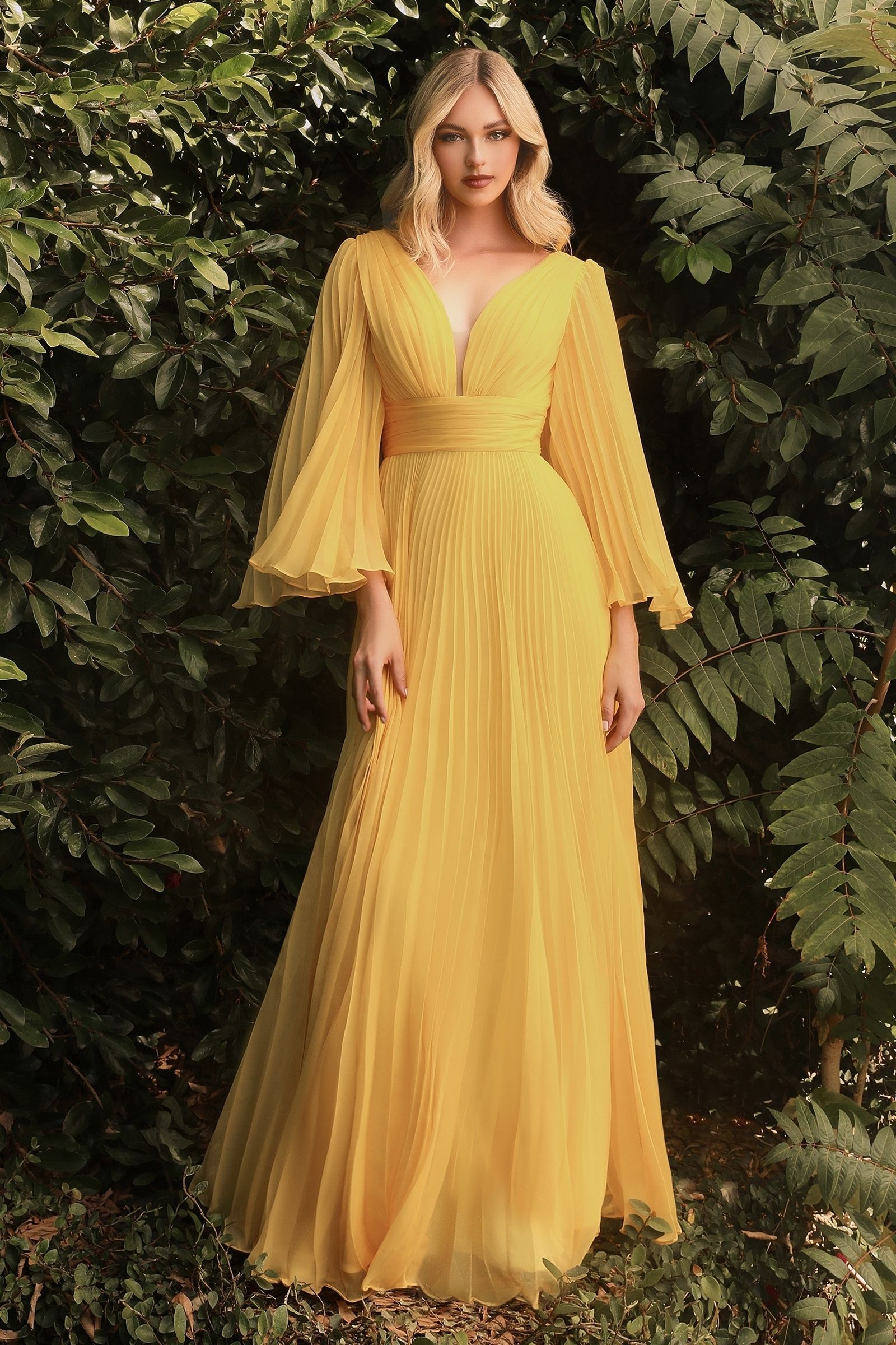 Formal Dresses Long Sleeve Pleated Evening Formal Dress Yellow