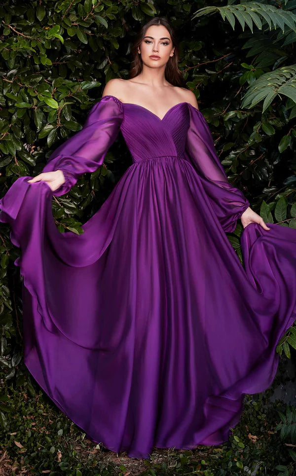 Formal Dresses Off Shoulder Long Sleeve A Line Formal Dress Amethyst