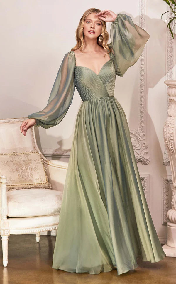 Formal Dresses Off Shoulder Long Sleeve A Line Formal Dress Sage