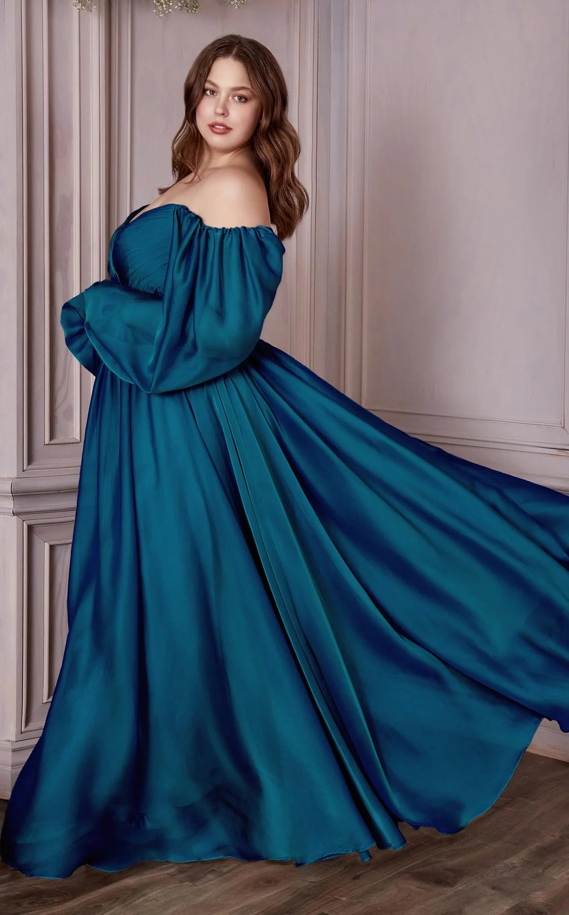 Off Shoulder Long Formal A-Line Plus Size Dress by LaDivine CD243C - Champagne / 22 Off Shoulder Long Formal A-Line Plus Size Dress by LaDivine CD243C - Champagne / 22