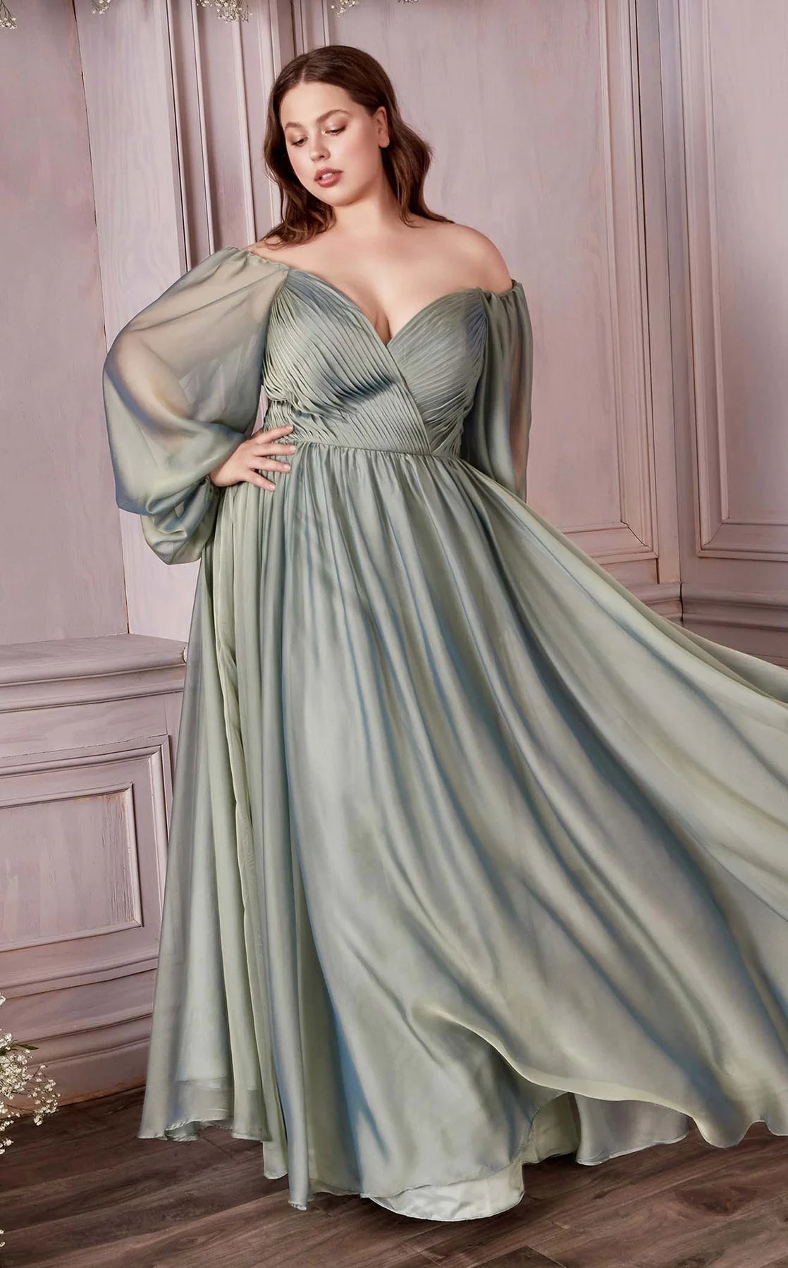 Ladivine - CD243C Bishop Sleeve A-Line Gown | Long A-Line Dress Ladivine - CD243C Bishop Sleeve A-Line Gown | Long A-Line Dress
