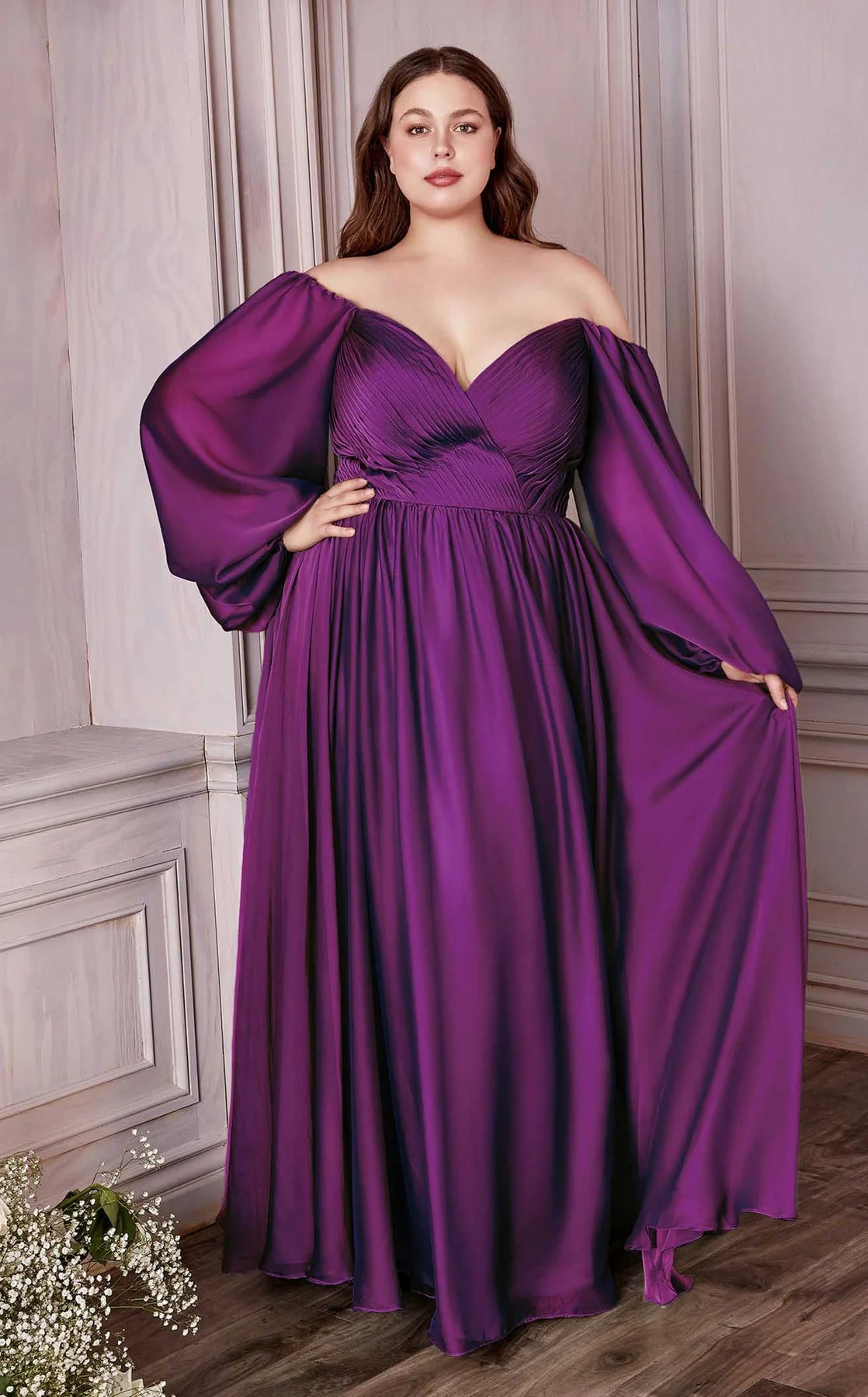 Off Shoulder Long Formal A-Line Plus Size Dress by LaDivine CD243C - Champagne / 22 Off Shoulder Long Formal A-Line Plus Size Dress by LaDivine CD243C - Champagne / 22