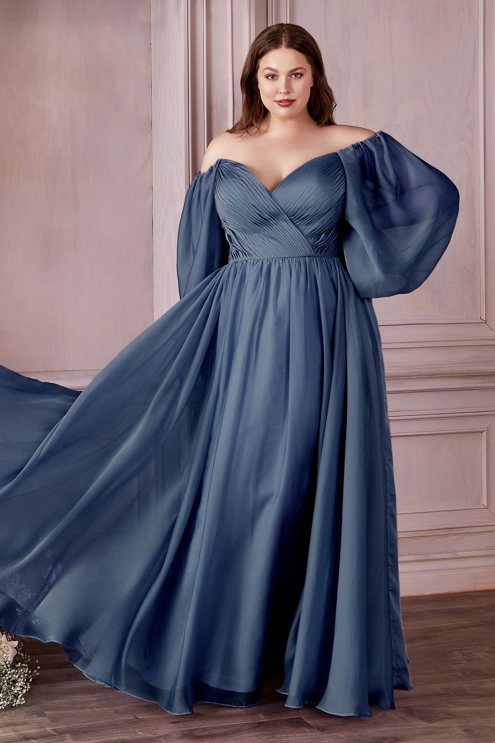 Plus Size Dresses Off Shoulder Long Formal A Line Plus Size Dress Smoky Blue