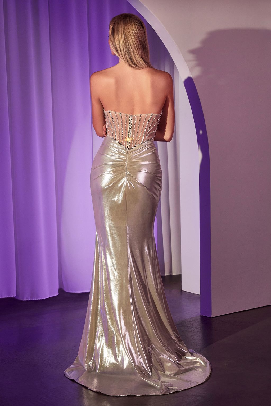 Prom Dresses Beaded Long Formal Fitted Metallic Prom Dress Platinum
