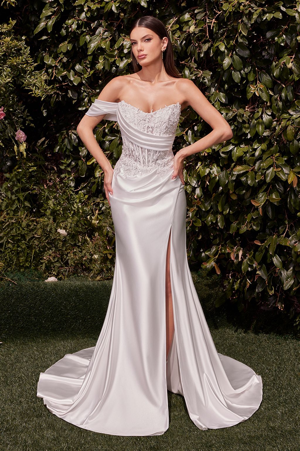 Wedding Dresses Long Fitted Slit Lace Applique Wedding Dress Off White