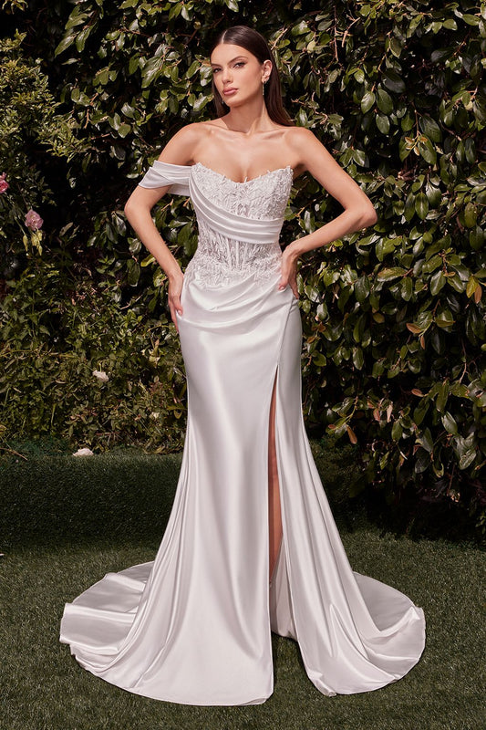 Wedding Dresses Long Fitted Slit Lace Applique Wedding Dress Off White