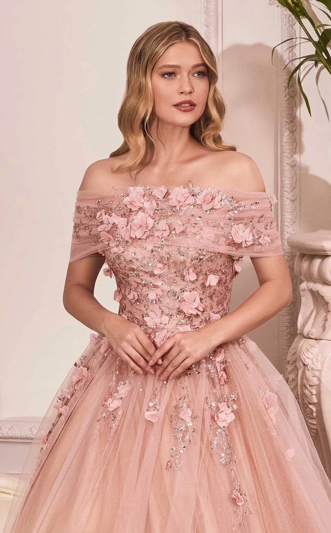 LaDivine CD955 Long Off Shoulder Prom Gown in Rosegold