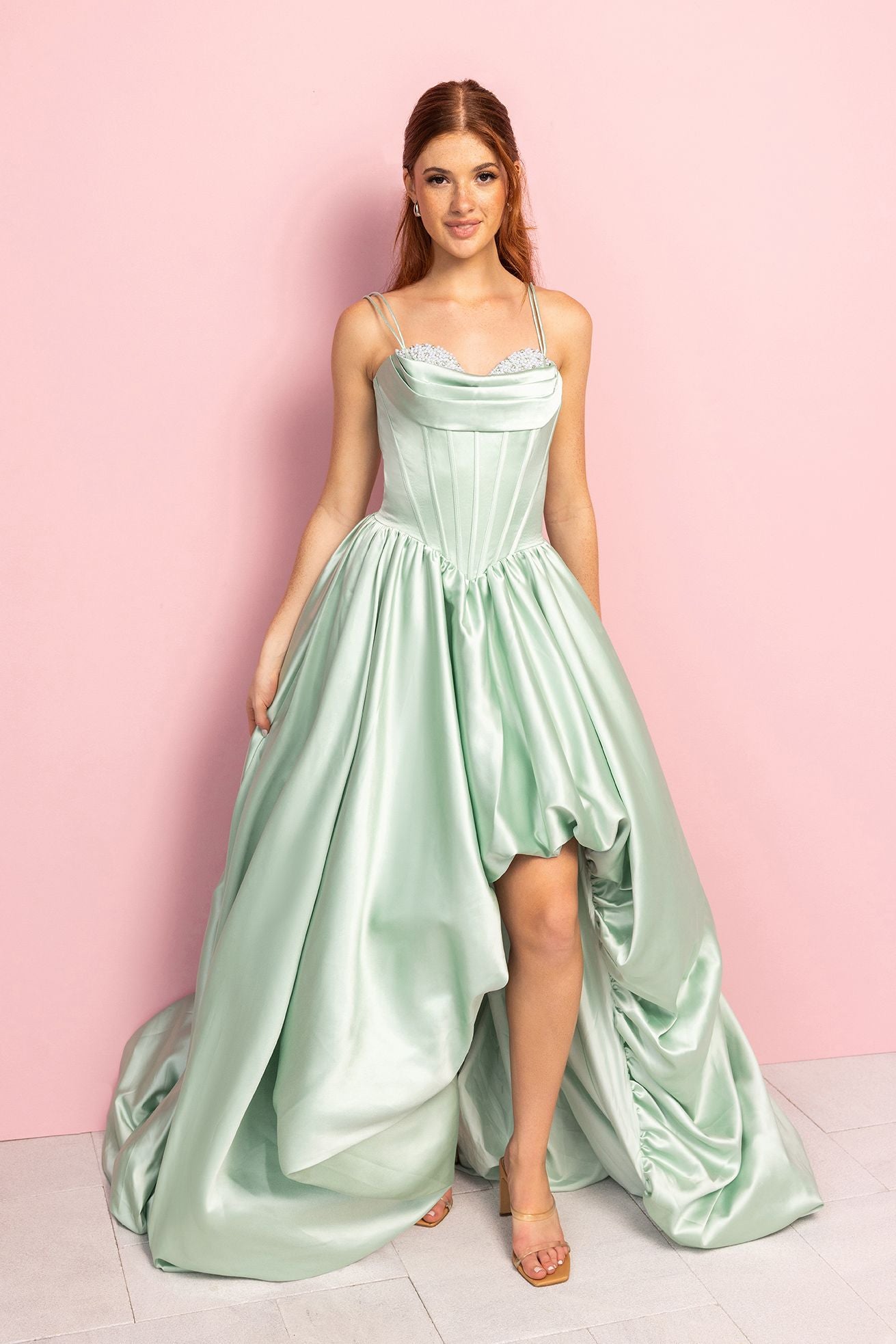Sweetheart High-Low Satin Prom Dress Rhinestone Corset Bodice Portia & Scarlett XO182 - Sage / 2 Sweetheart High-Low Satin Prom Dress Rhinestone Corset Bodice Portia & Scarlett XO182 - Sage / 2