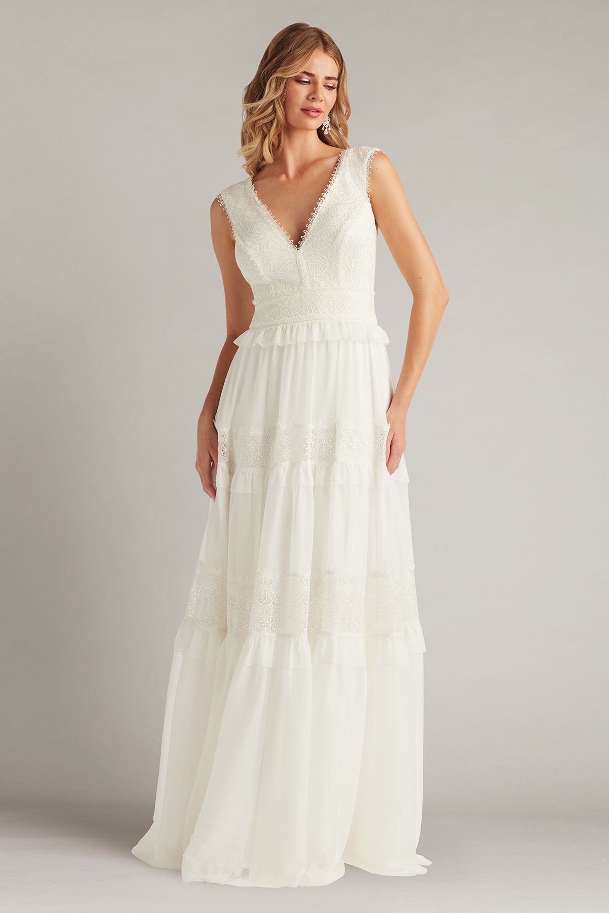 V-Neck Floor-Length Chiffon Wedding Dress A-Line Tadashi Shoji CFW24598LBR