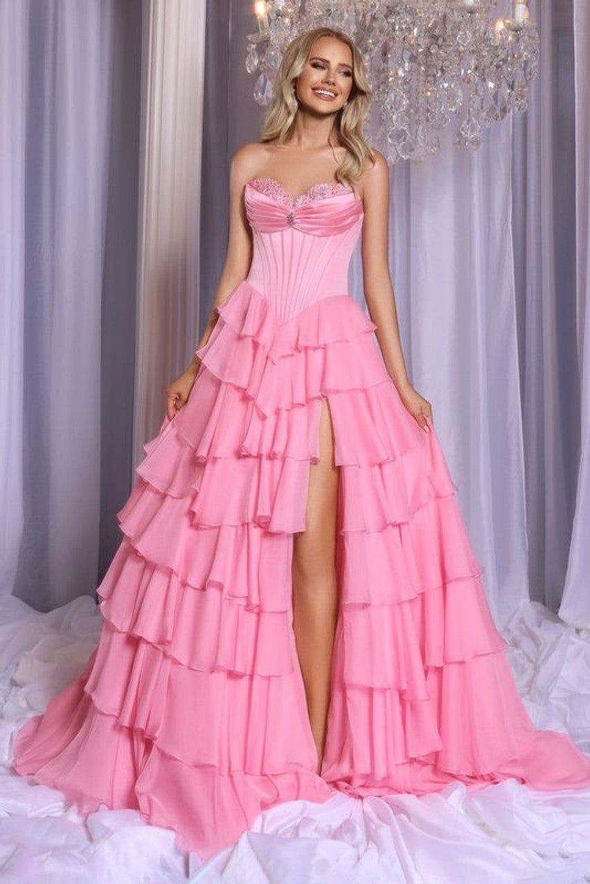Prom Dresses A Line Long Formal Tiered Prom Dress Pink